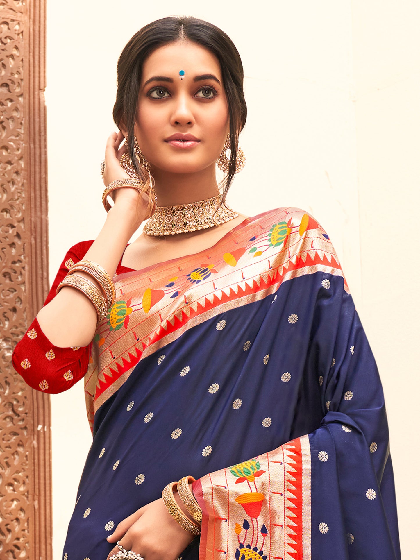 Elegant Navy Blue Silk Saree with Multicolor Border Red Blouse