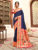 Elegant Navy Blue Silk Saree with Multicolor Border Red Blouse