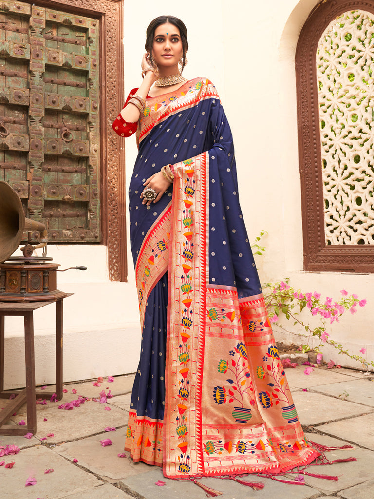 Elegant Navy Blue Silk Saree with Multicolor Border Red Blouse