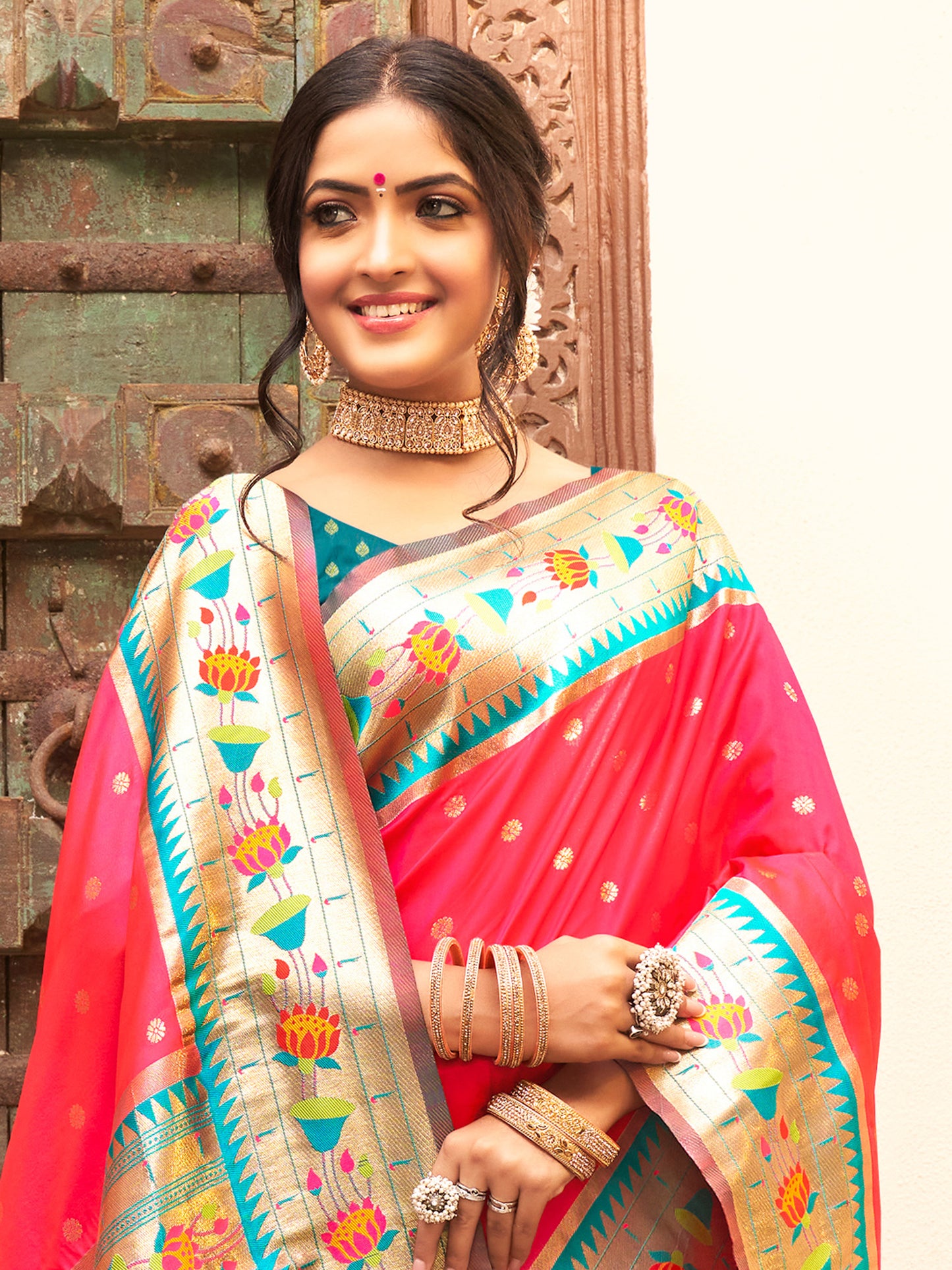 Stunning Pink Silk Saree with Golden Zari Border Multicolor