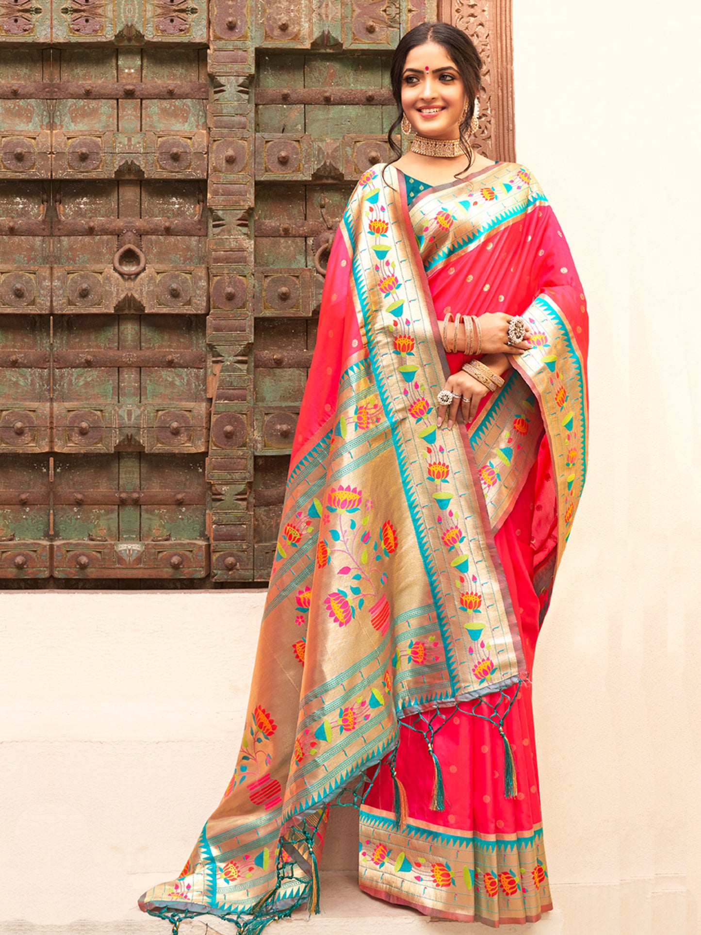 Stunning Pink Silk Saree with Golden Zari Border Multicolor