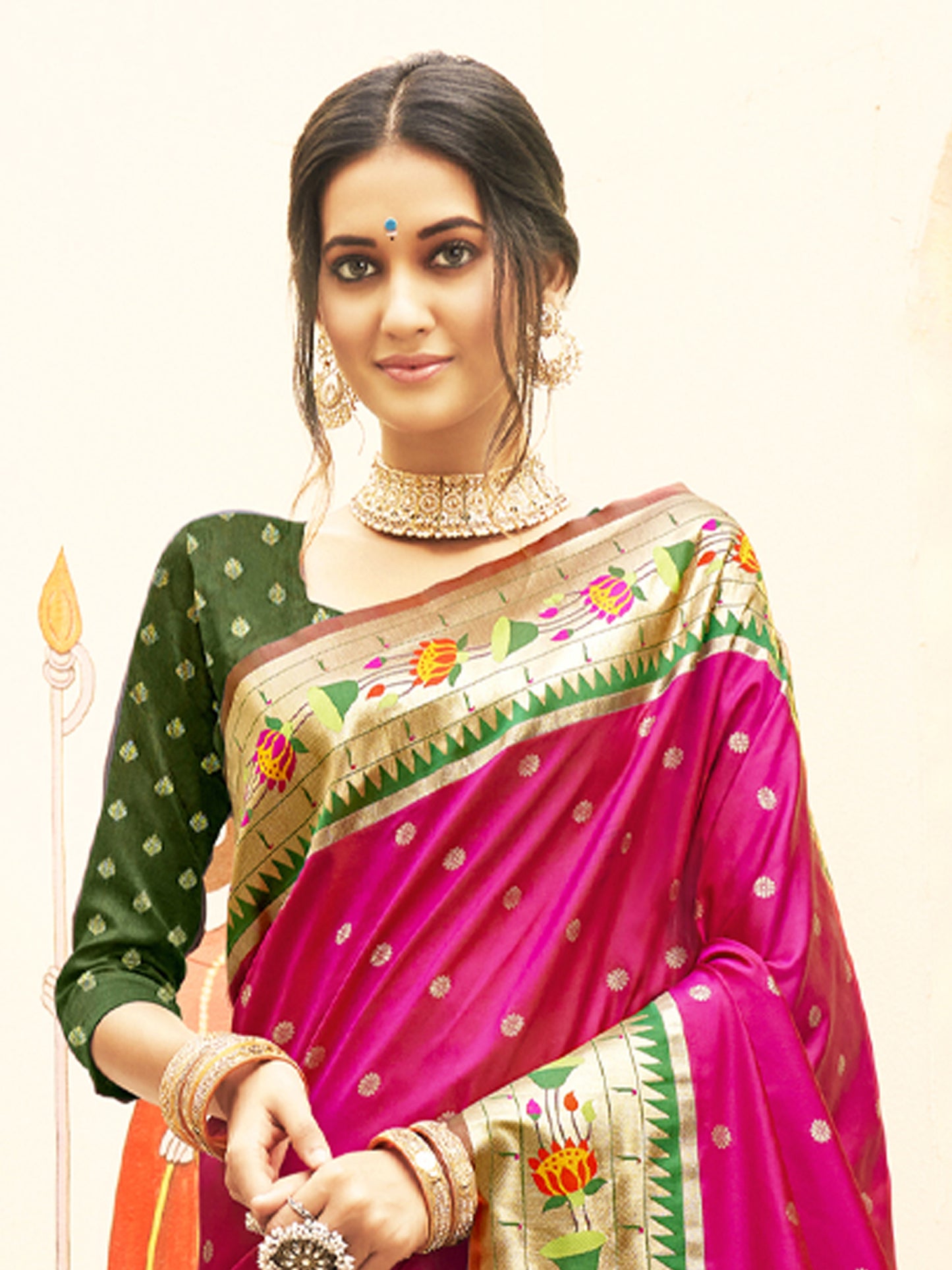 Vibrant Magenta Silk Saree with Green Zari Border Multicolor