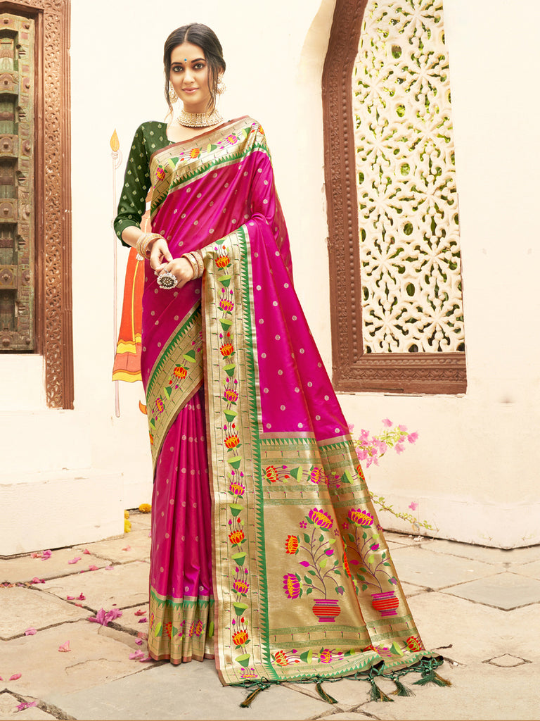 Vibrant Magenta Silk Saree with Green Zari Border Multicolor