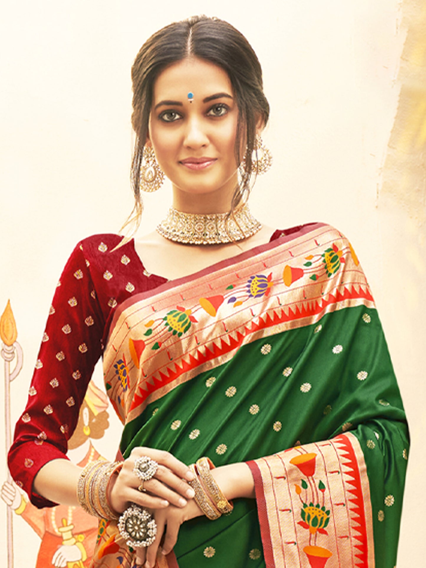Elegant Green Silk Saree with Peach Zari Border Multicolor