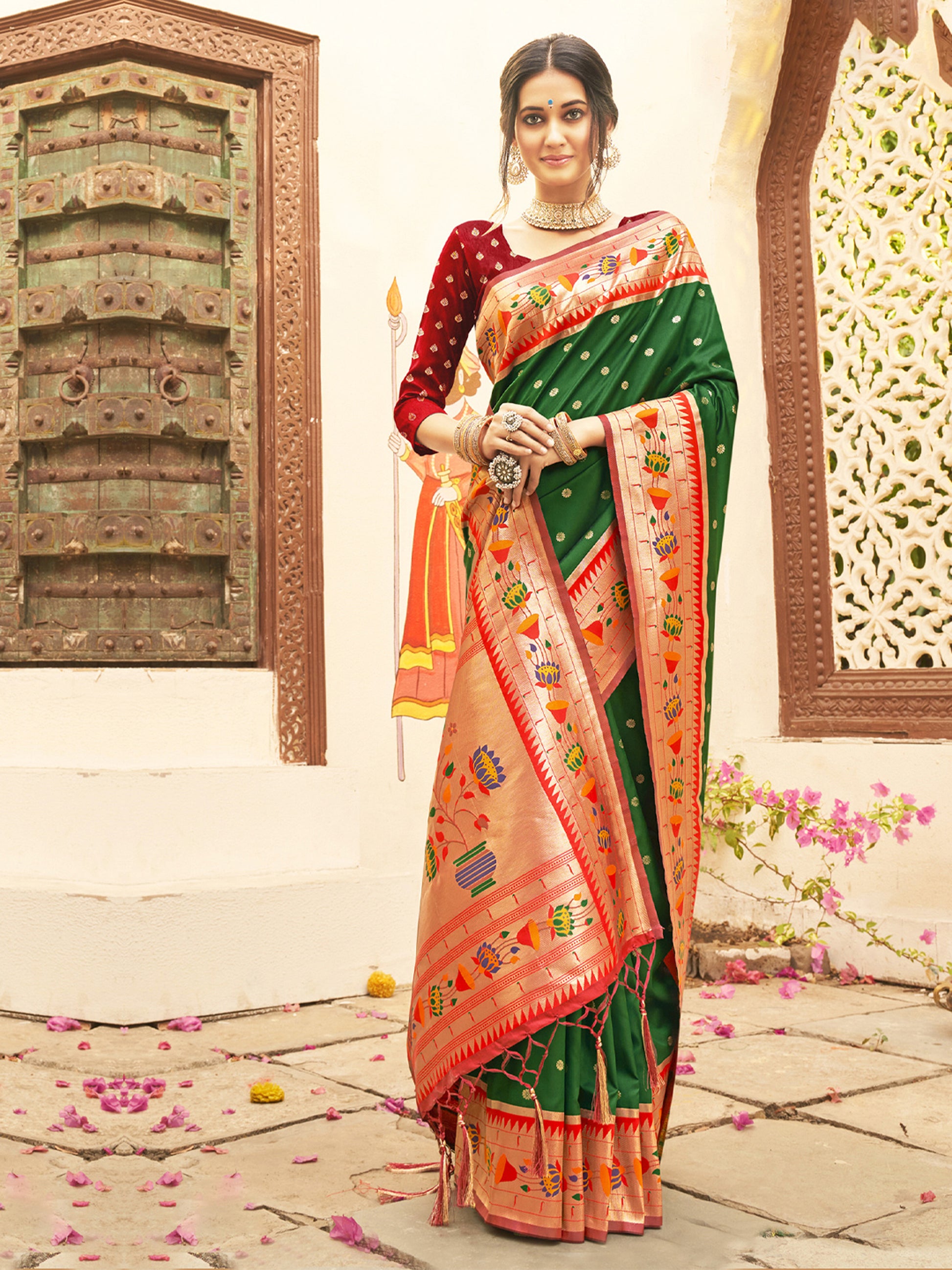 Elegant Green Silk Saree with Peach Zari Border Multicolor