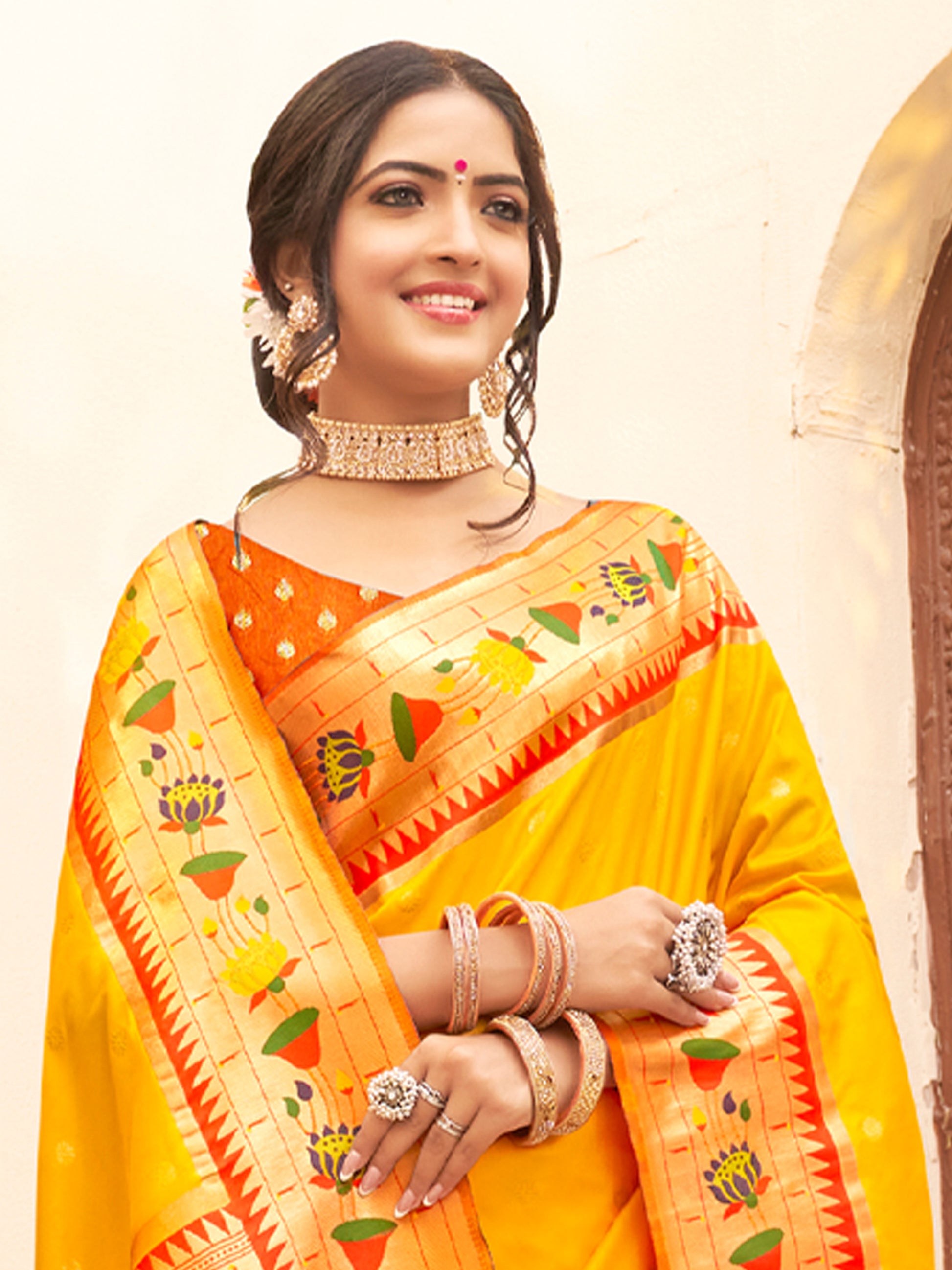 Bright Yellow Silk Saree with Orange Zari Border Multicolor