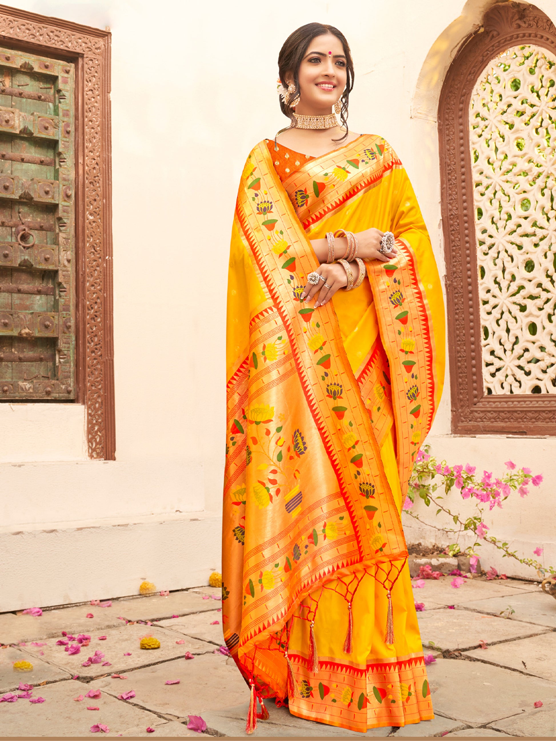 Bright Yellow Silk Saree with Orange Zari Border Multicolor