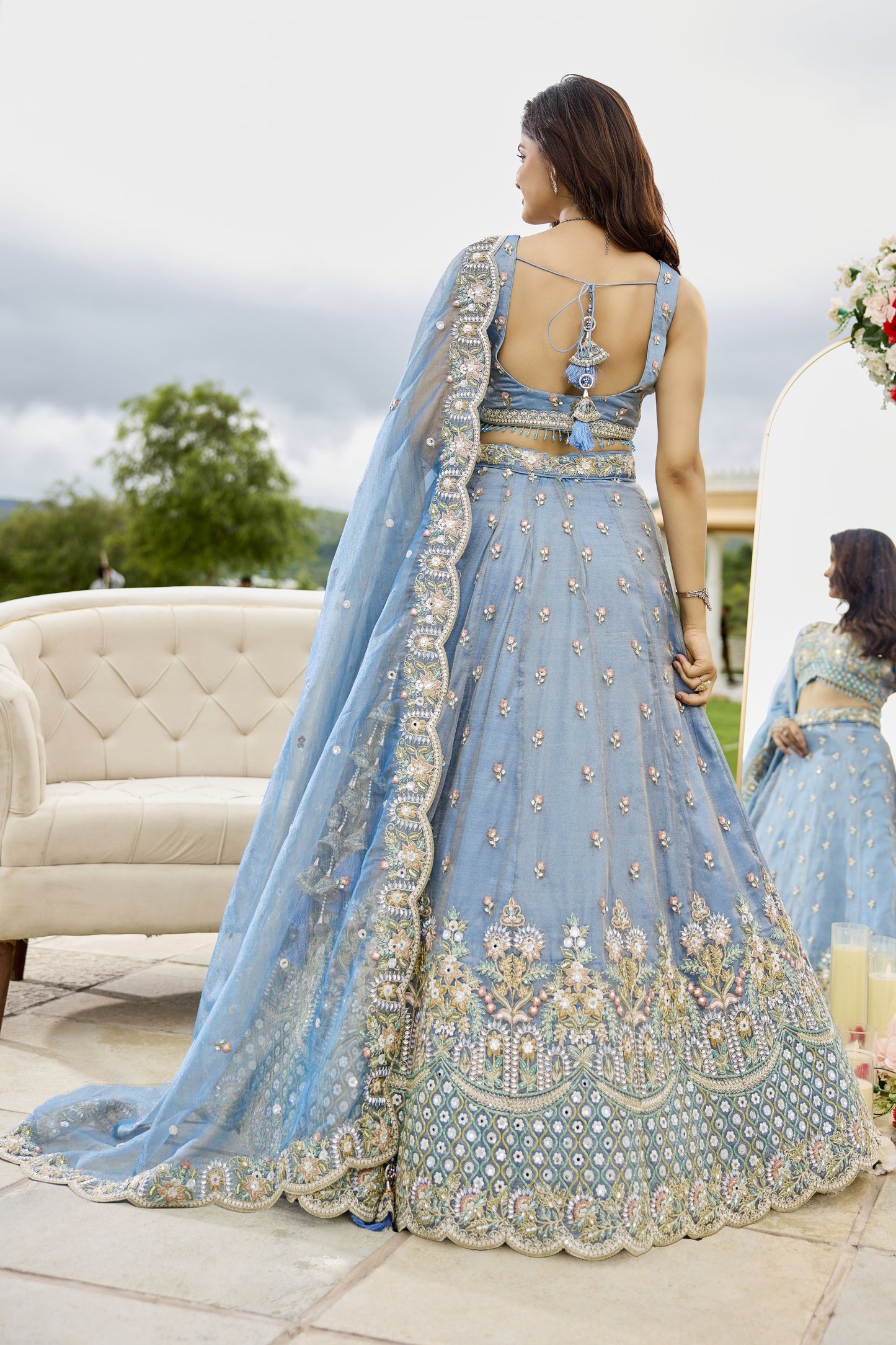 Delicate Sky Blue Satin Silk Embroidered Lehenga Choli with Dupatta