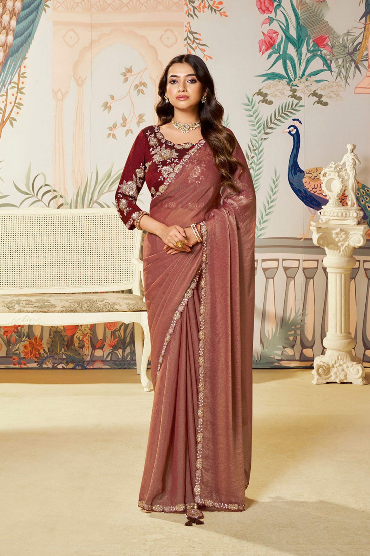 Designer Wine Satin Silk Saree Lace Border Maroon Blouse