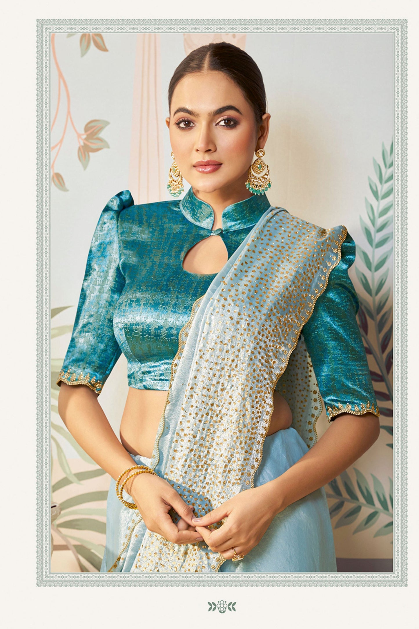 Designer Sky Blue Saree Golden Teal Green Blouse Party Wear