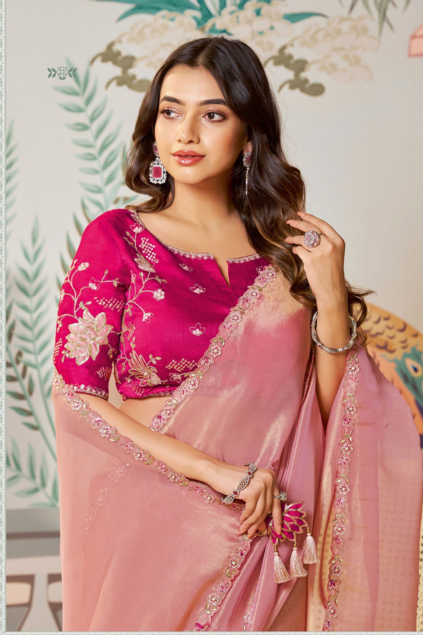 Designer Pink Saree Lace Border Magenta Blouse Party Wear