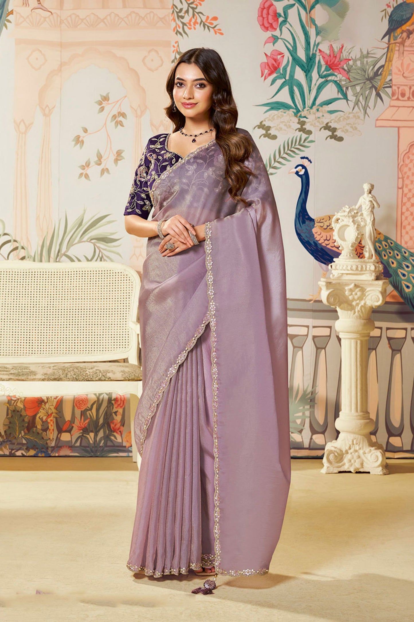 Lavender Organza Saree Matching Blouse Party Wear Saree