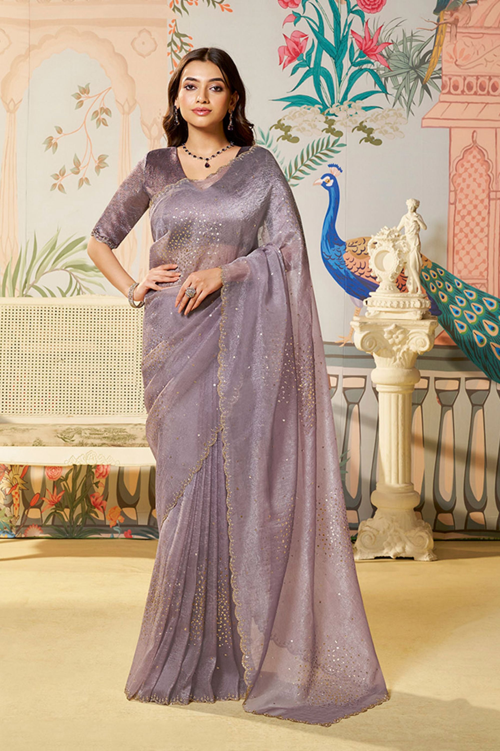 Lavender Organza Saree Matching Blouse Party Wear Saree