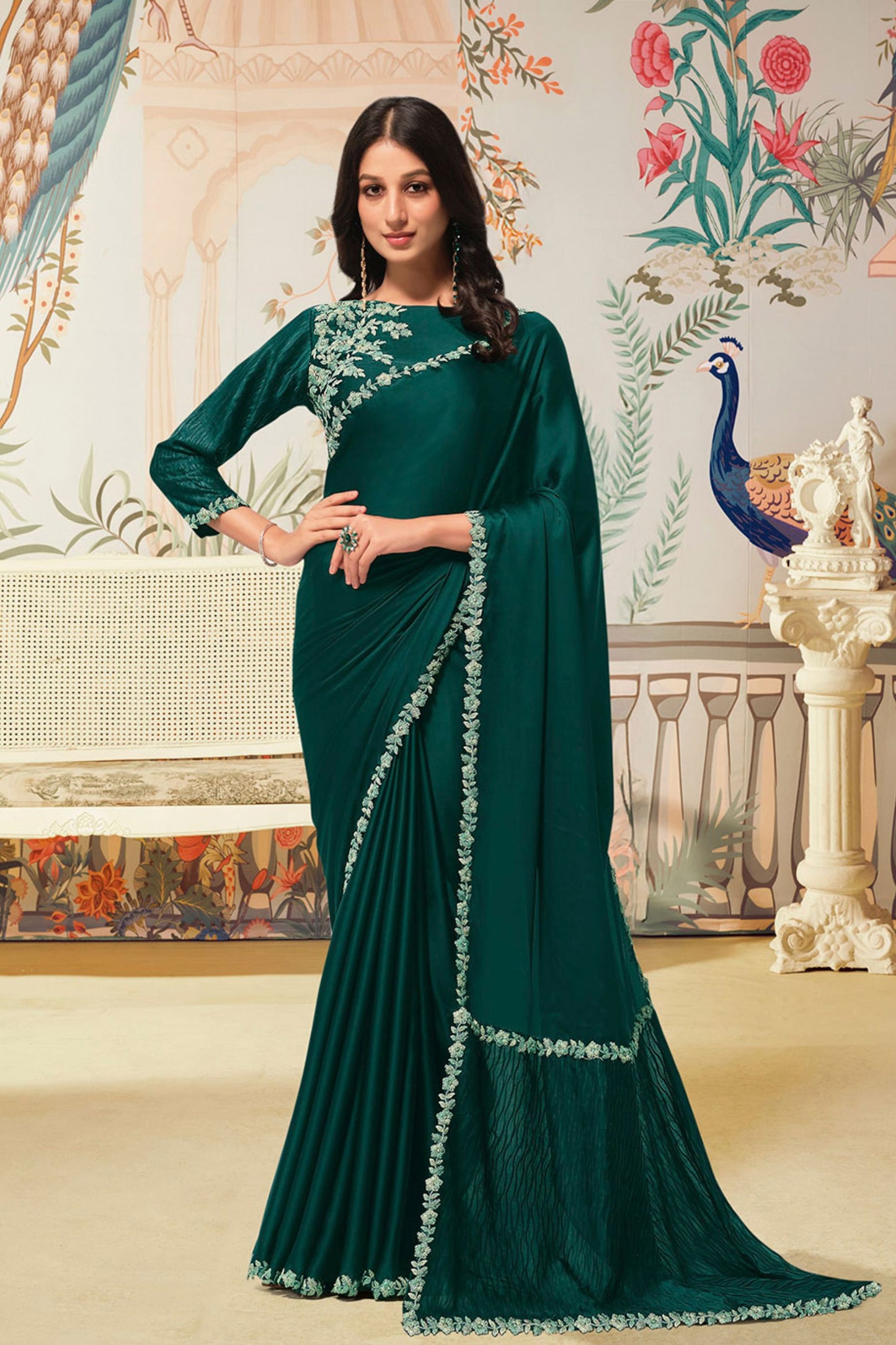 Dark Green Saree Border Designer Blouse Party Wear