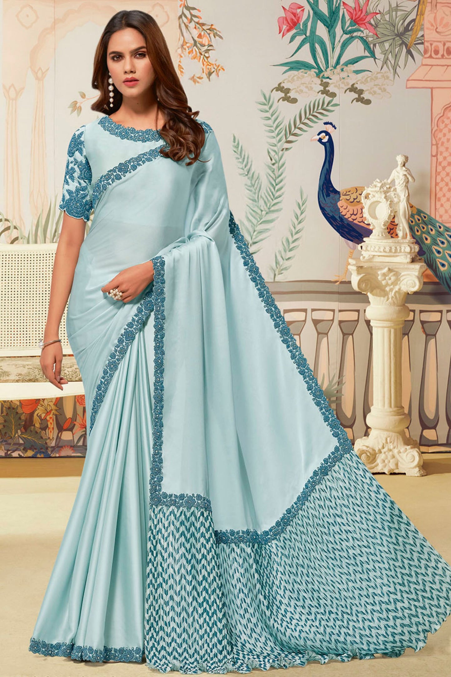 Light Blue Satin Silk Saree Border Designer Blouse Party Wear