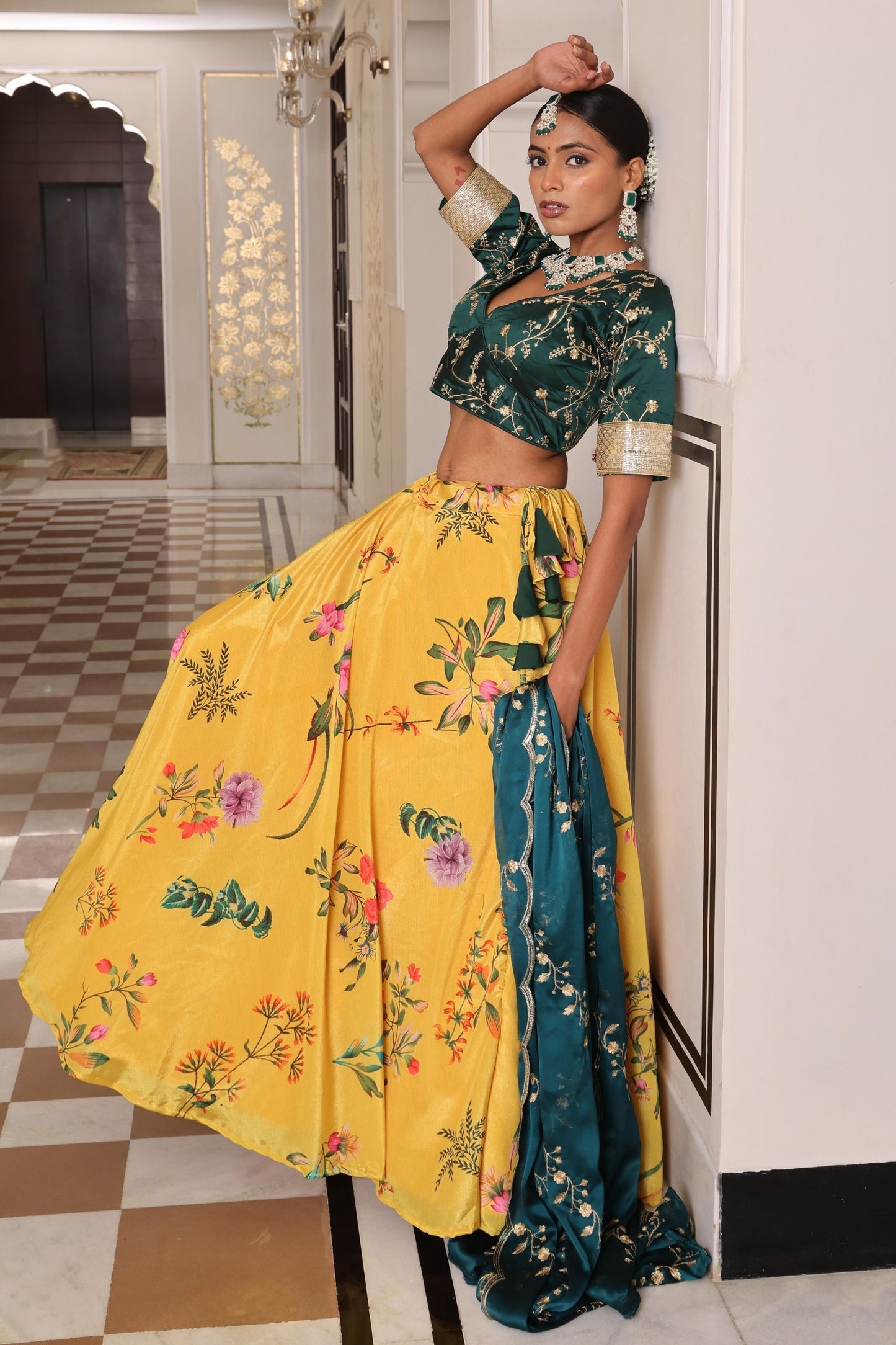 Gorgeous Yellow and Teal Floral Printed Silk Lehenga Choli with Dupatta for Festive Occasion