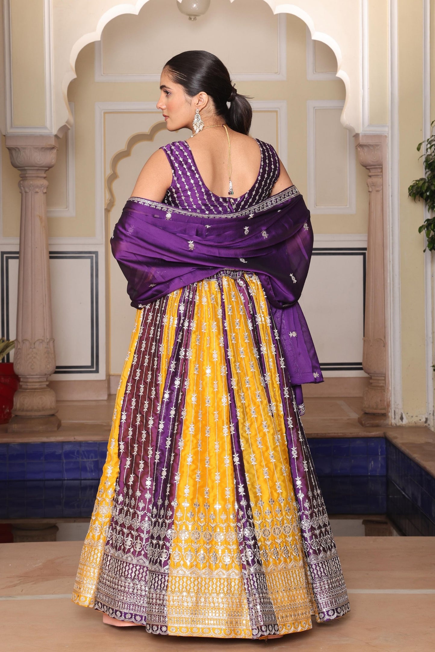 Impressive Purple and Yellow Embroidered Silk Lehenga Choli with Dupatta for Festive Occasion