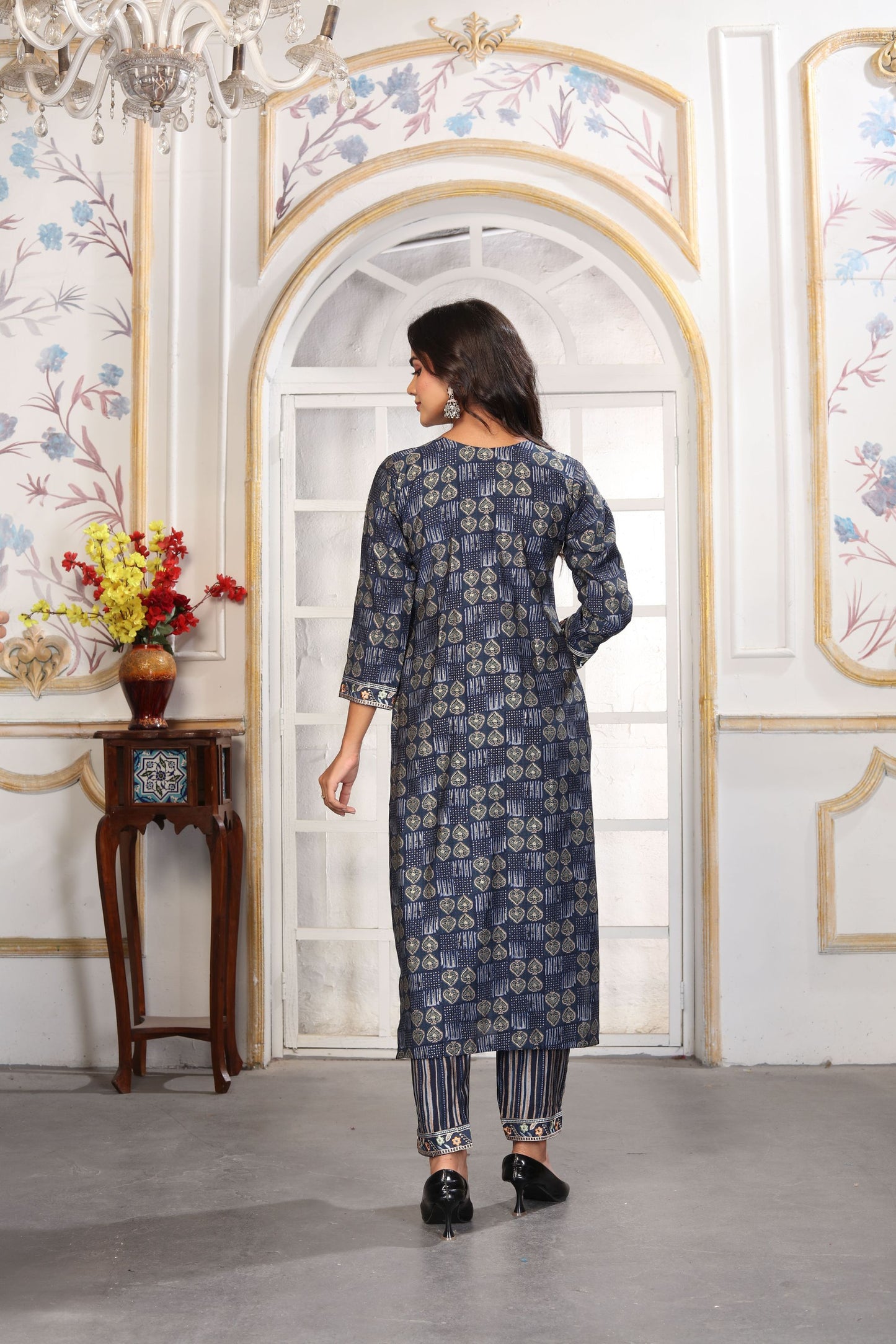 Charming Navy Blue Printed Chanderi Salwar Suit with Embroidered V-Neck and Matching Dupatta