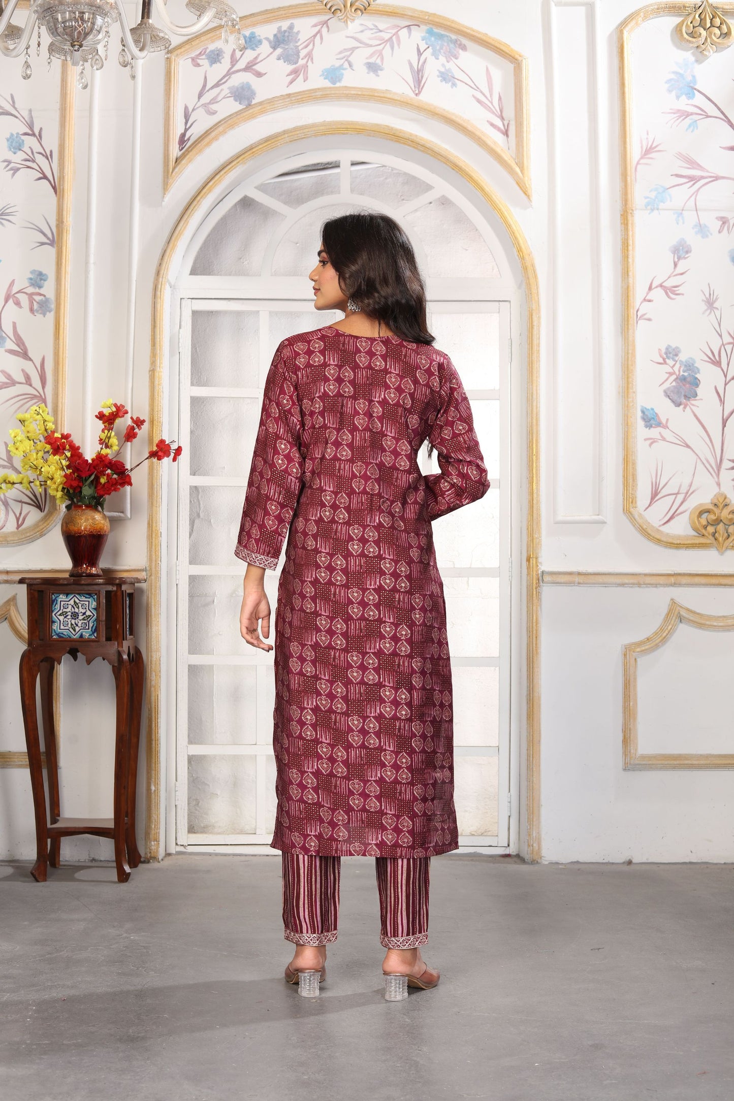Elegant Maroon Printed Chanderi Salwar Suit with Embroidered V-Neck and Matching Dupatta