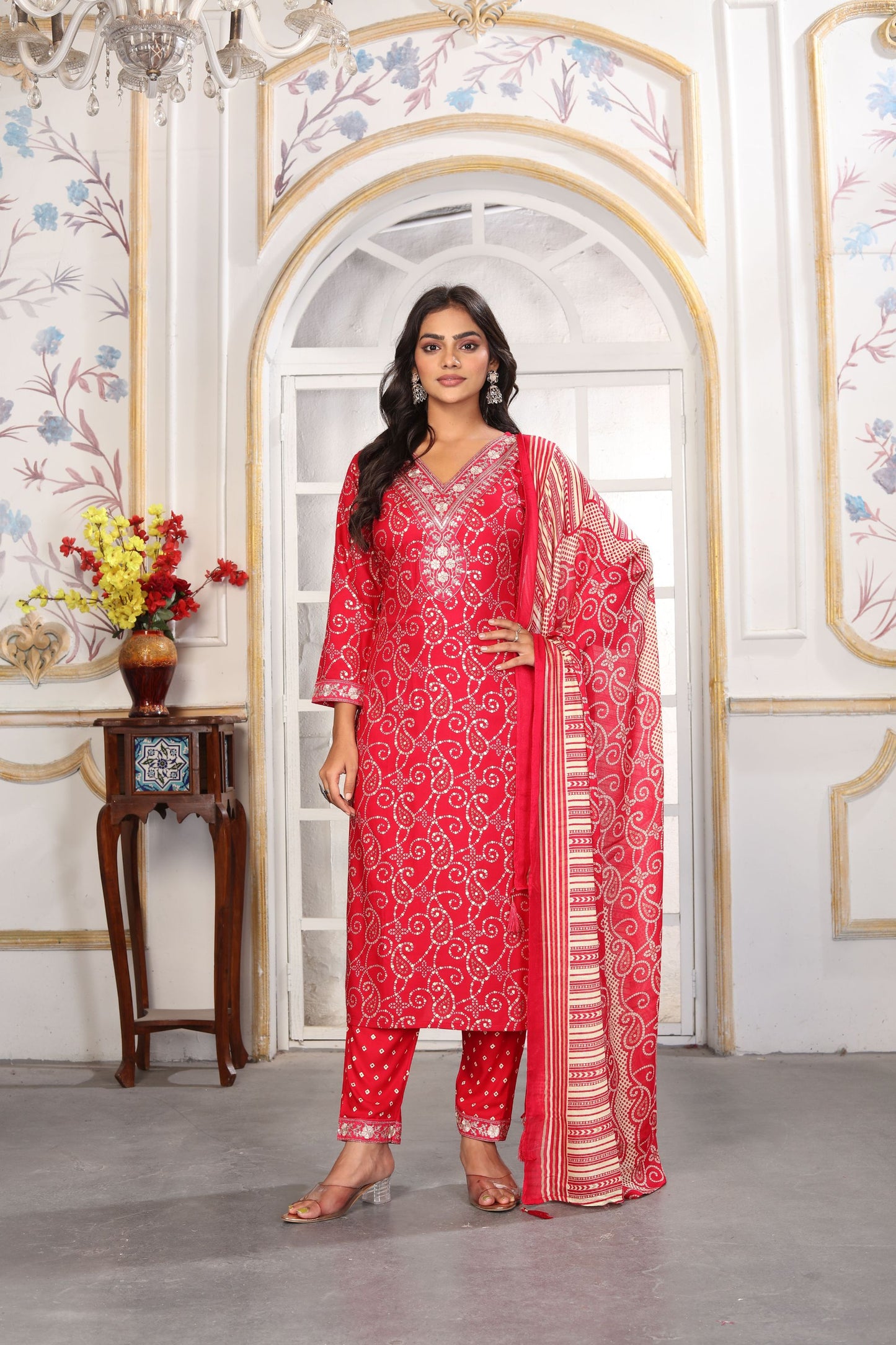 Gorgeous Red Printed Rayon Salwar Suit with Embroidered V-Neck and Matching Dupatta