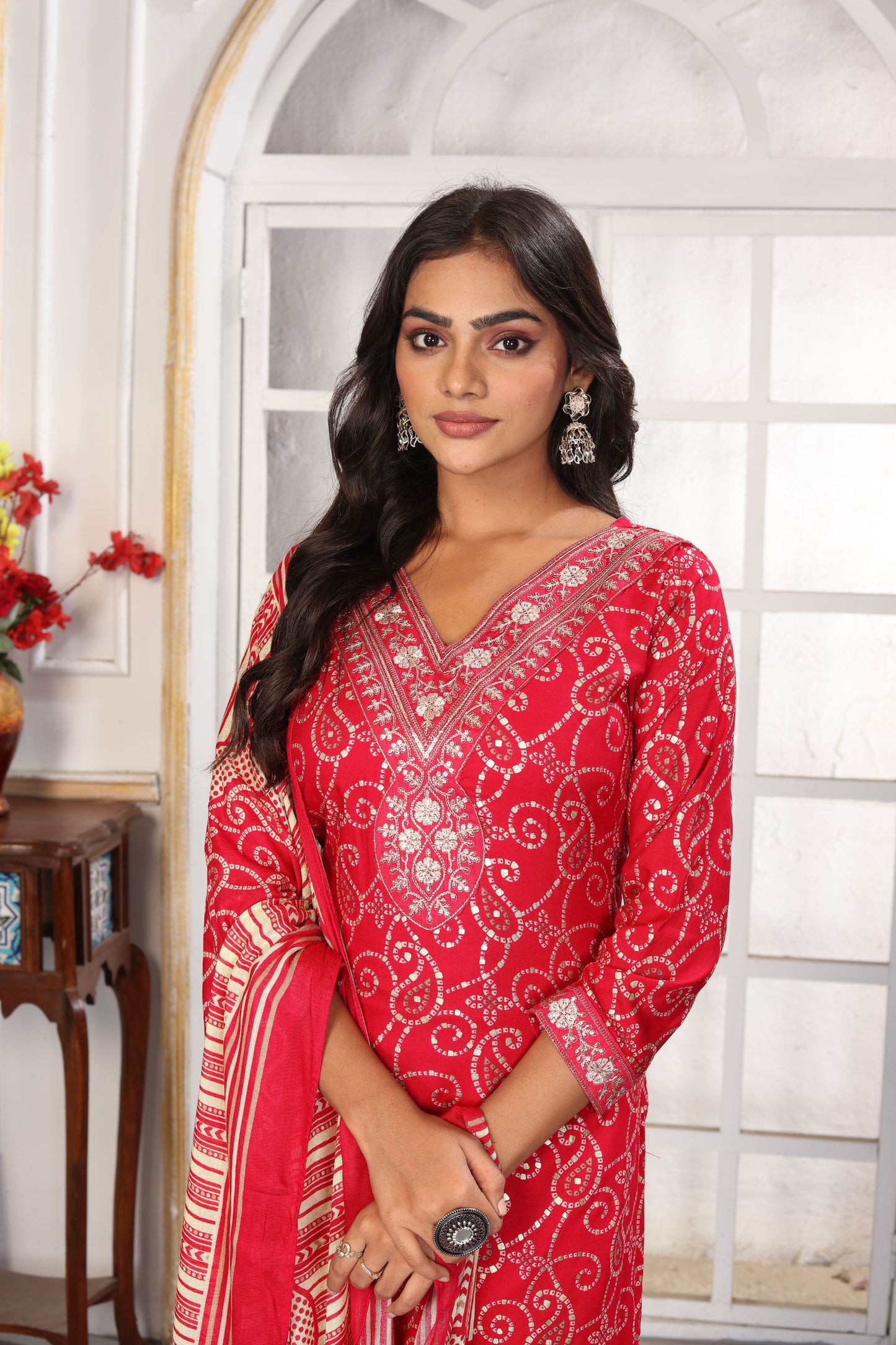 Gorgeous Red Printed Rayon Salwar Suit with Embroidered V-Neck and Matching Dupatta