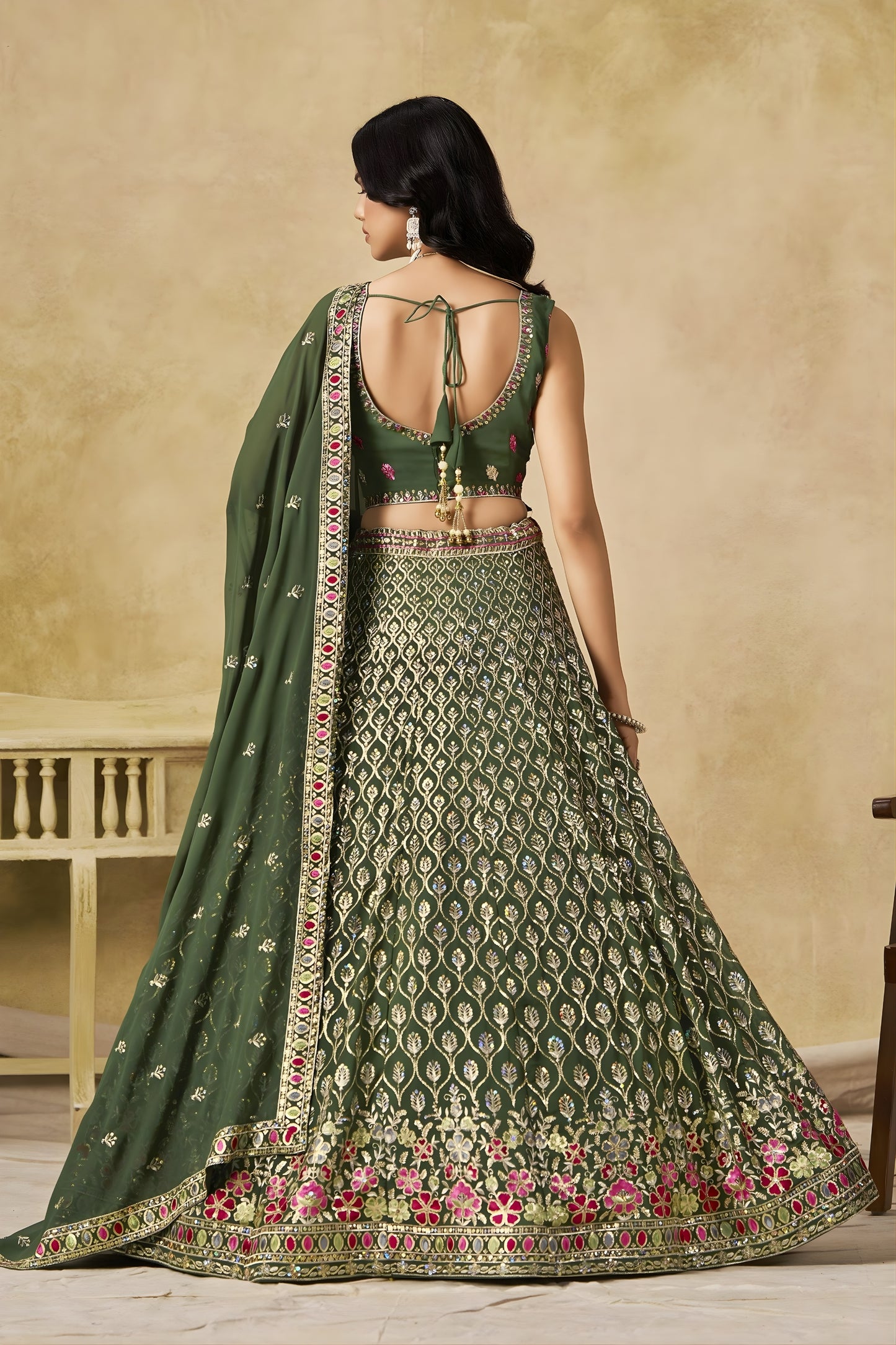 Stylish Dark Green Georgette Lehenga Choli with Floral Zari Embroidery and Matching Dupatta for Wedding