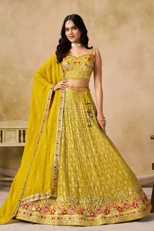 Wonderful Yellow Georgette Lehenga Choli with Floral Zari Embroidery and Matching Dupatta for Wedding (Copy)