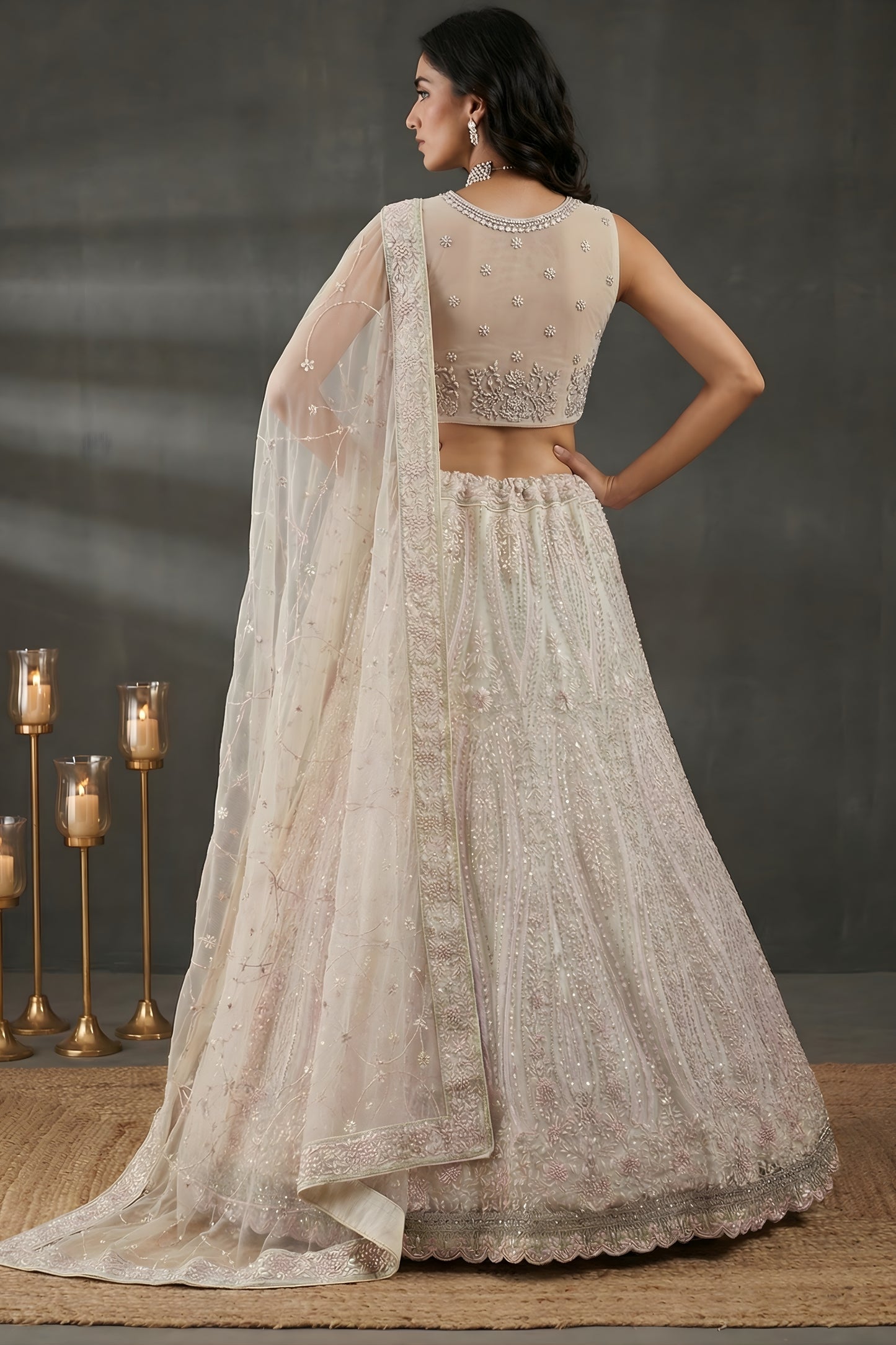 Elegant White Net Embroidered Bridal Lehenga Choli with Dupatta For Wedding