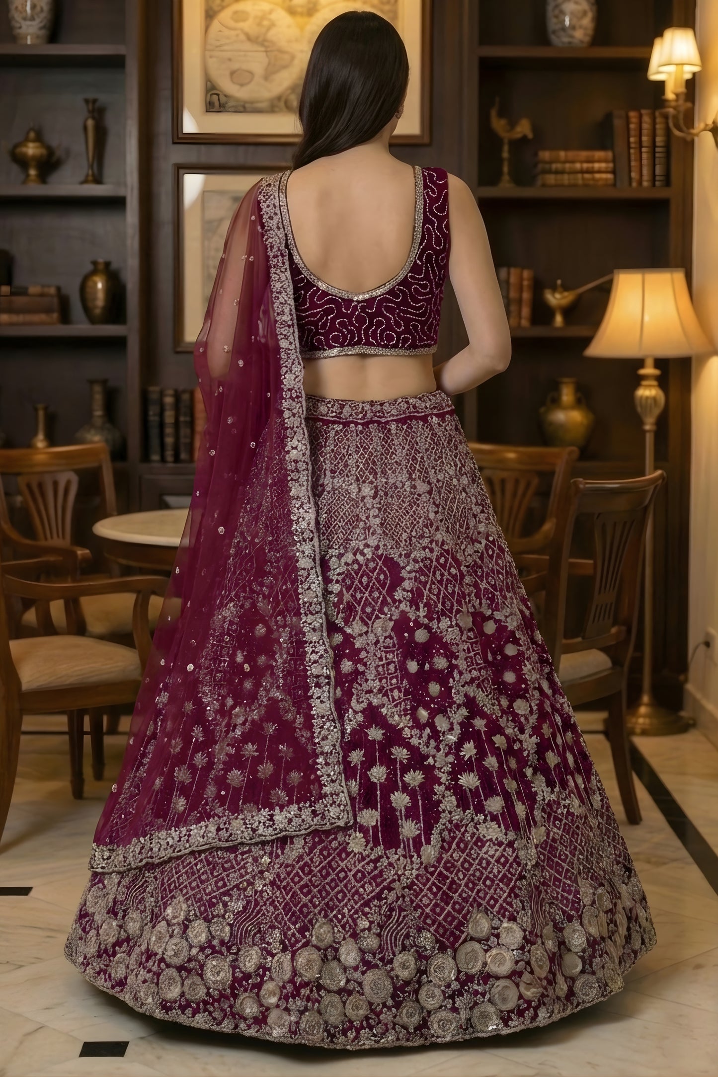 Stylish Burgundy Net Embroidered Bridal Lehenga Choli with Matching Dupatta for Wedding