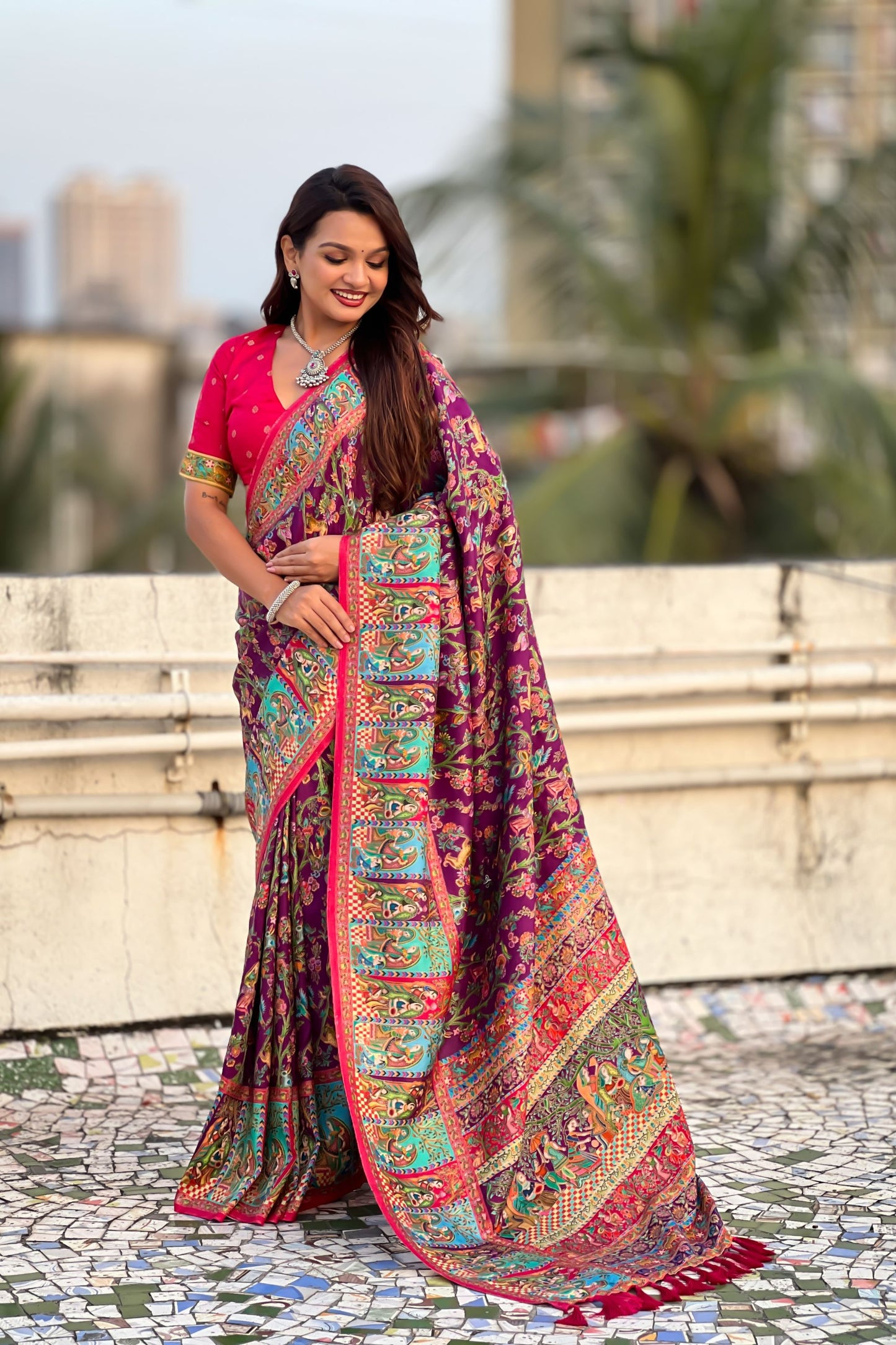 Wine Purple Printed Silk Saree with Multicolor Traditional Border