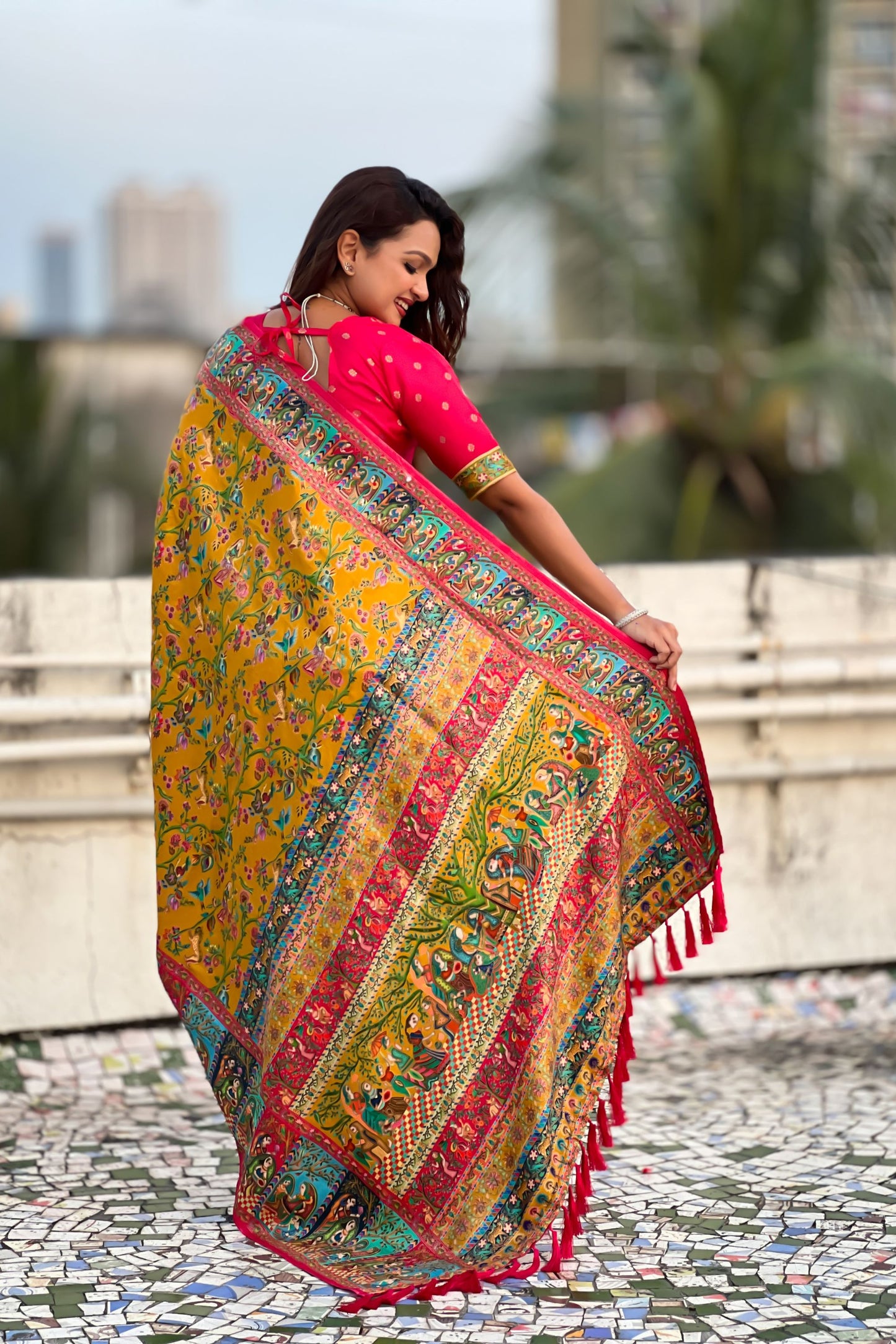 Mustard Yellow Printed Silk Saree Multicolor Traditional Border Pink Blouse