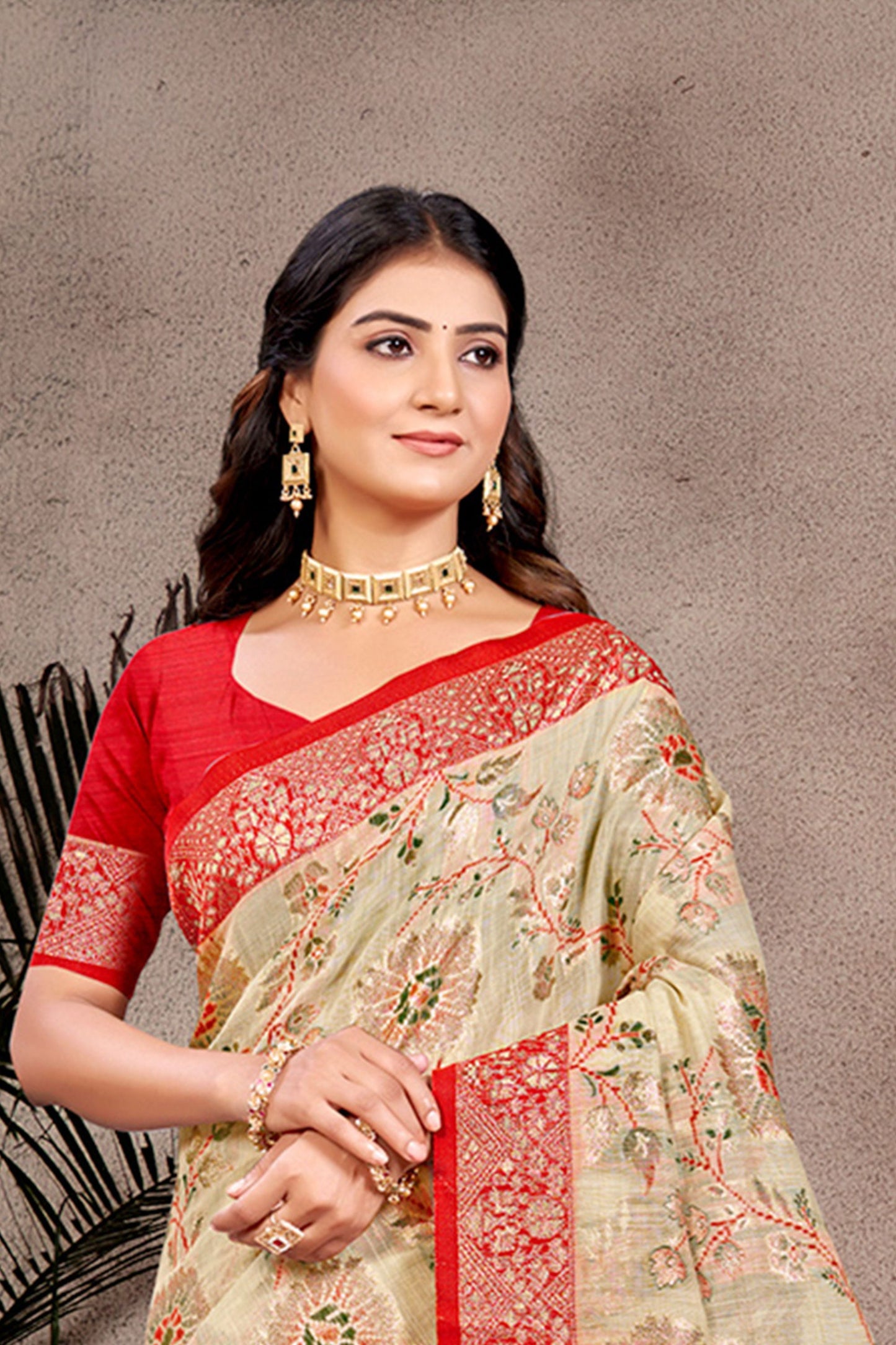 Cream Red Banarasi Silk Saree with Floral Weaving and Rich Zari Pallu