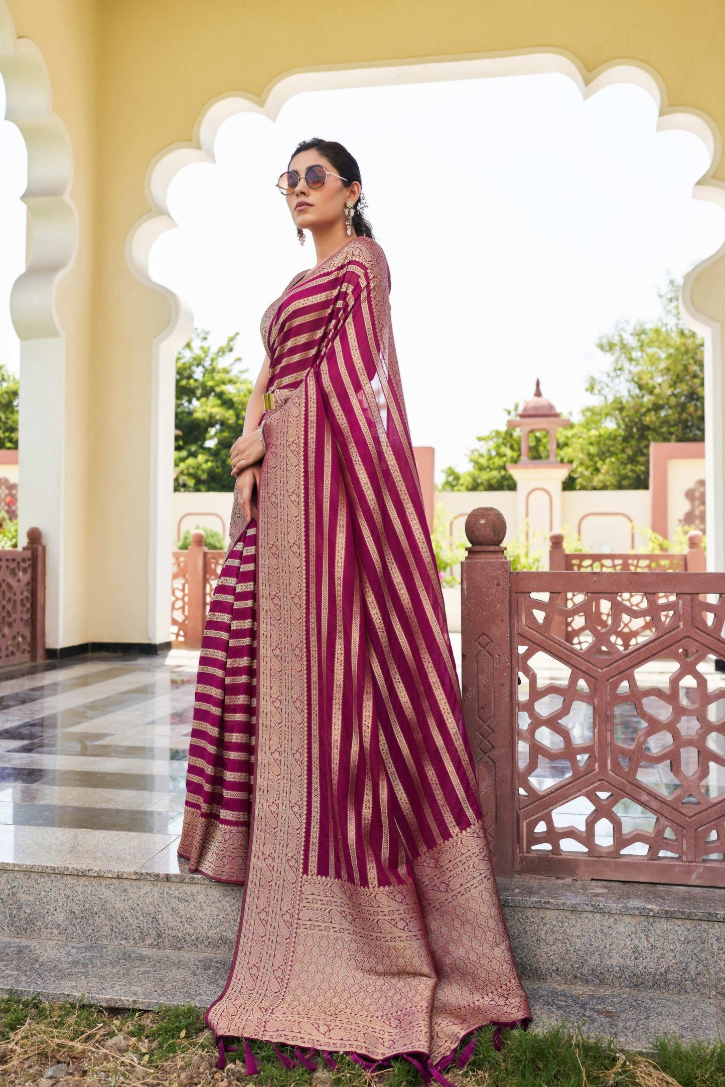 Maroon Silk Traditional Saree with Gold Zari Stripes Rich Border