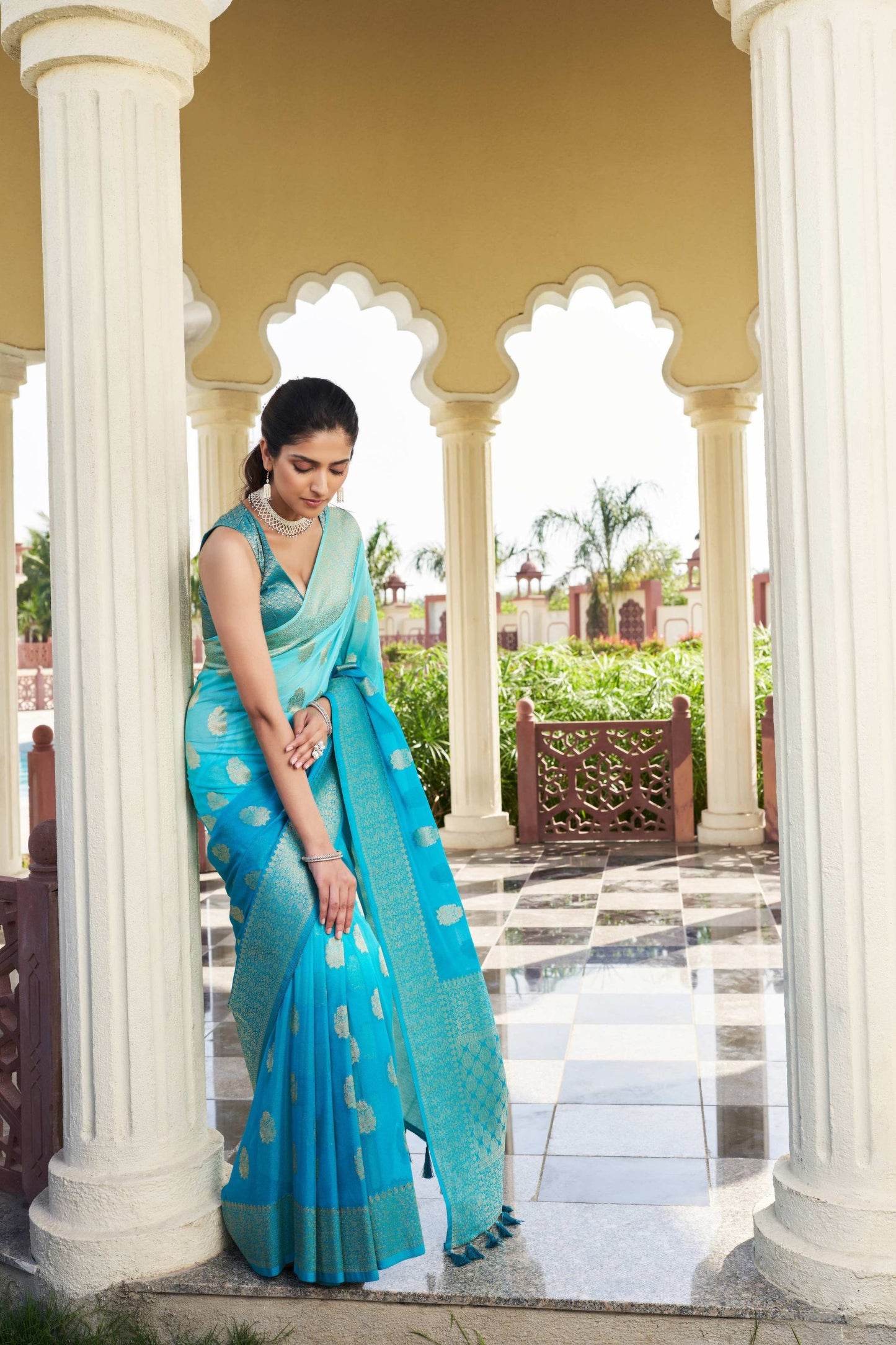 Turquoise Blue Banarasi Silk Saree Gold Zari Butta Contrast Border