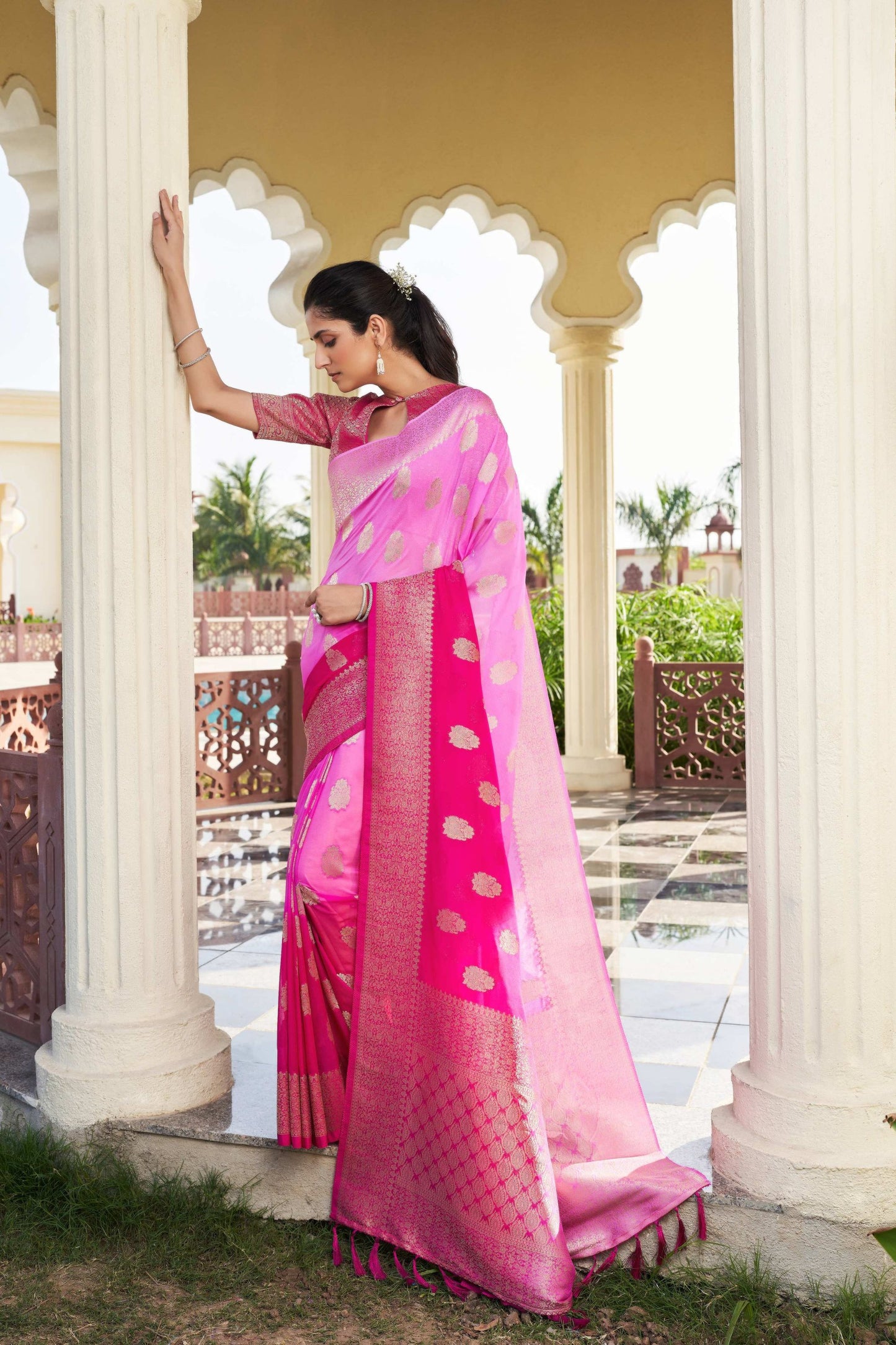 Rani Pink Banarasi Silk Saree Gold Zari Butta Work and Rich Woven Border