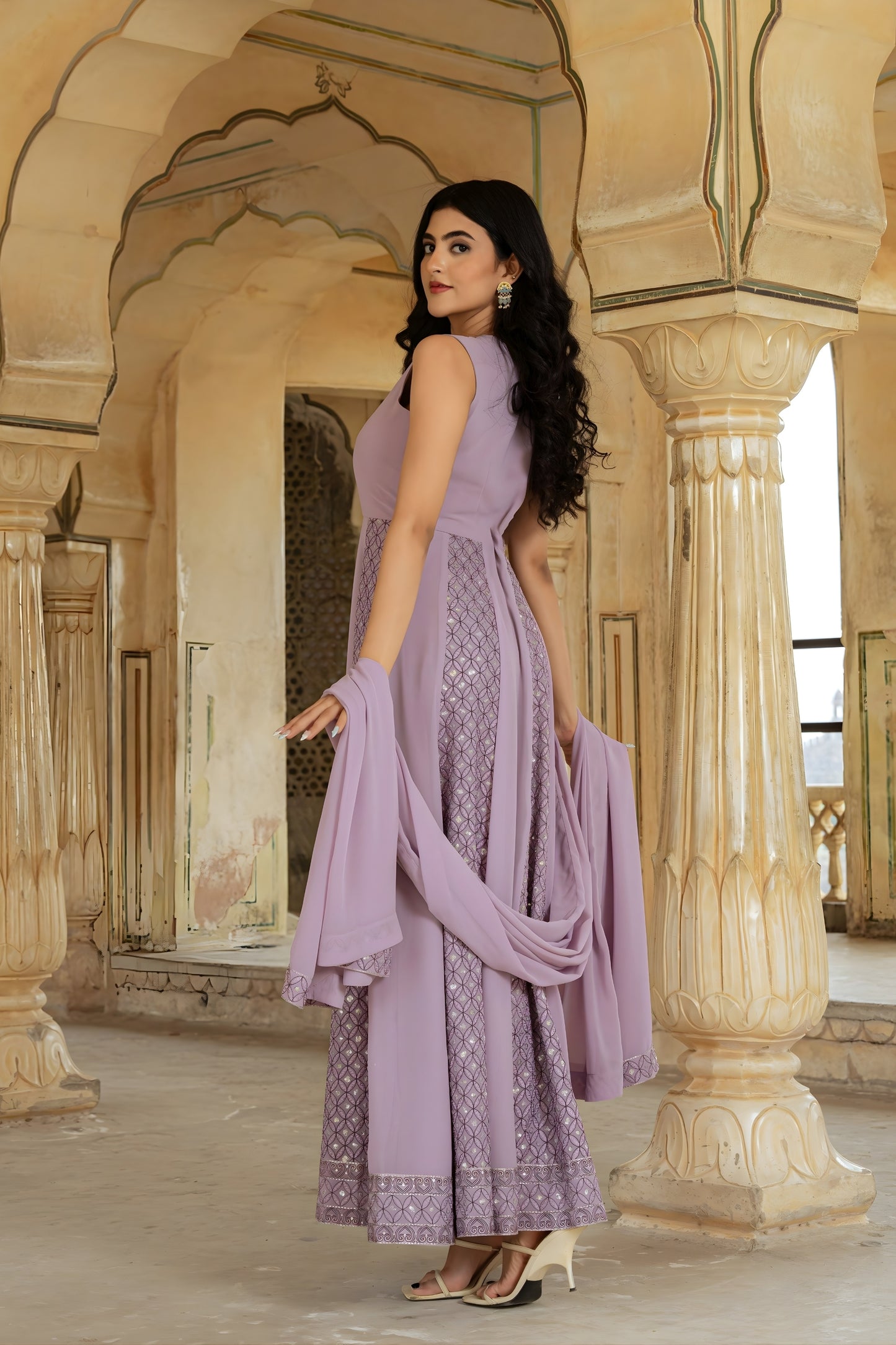 Stylish Lavender Embroidered Georgette Gown with Dupatta