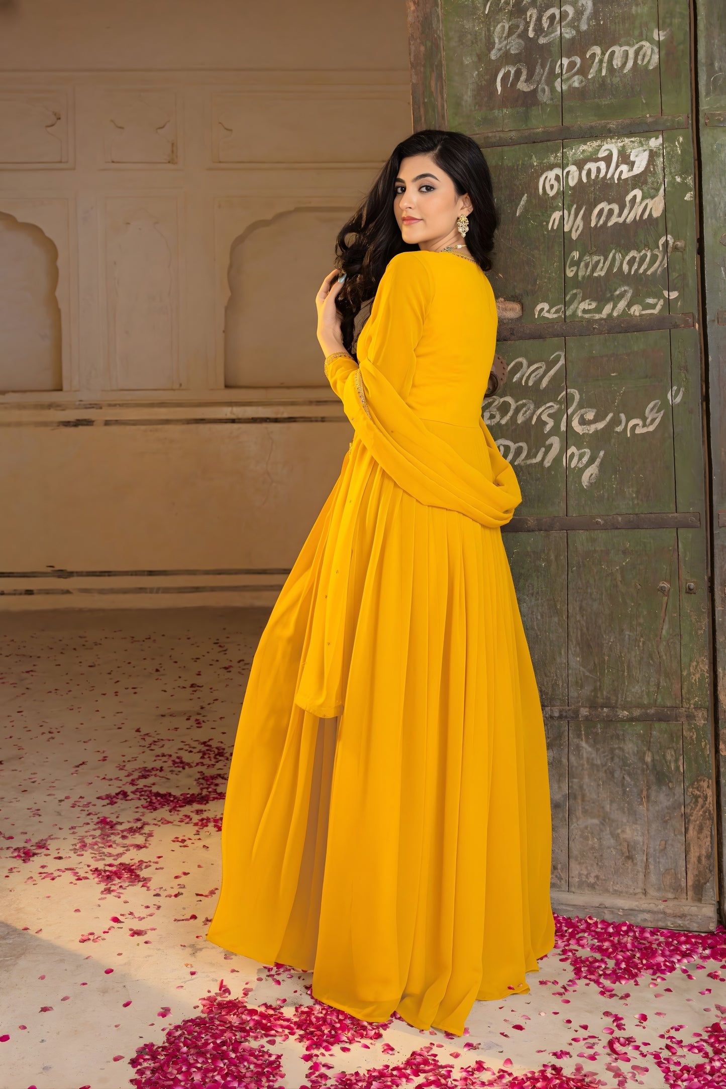 Perfect Mustard Yellow Embroidered Georgette Gown with Dupatta