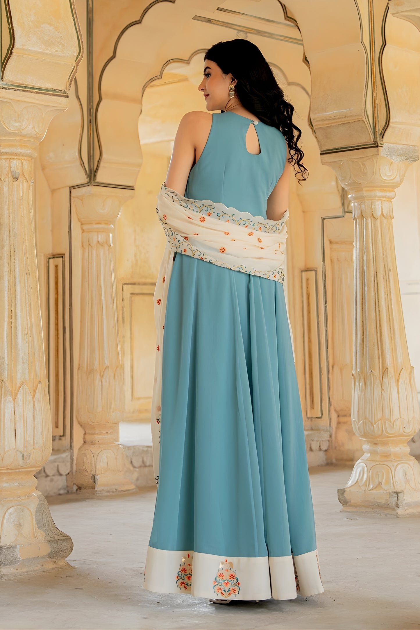 Impressive Blue Embroidered Georgette Gown with Dupatta