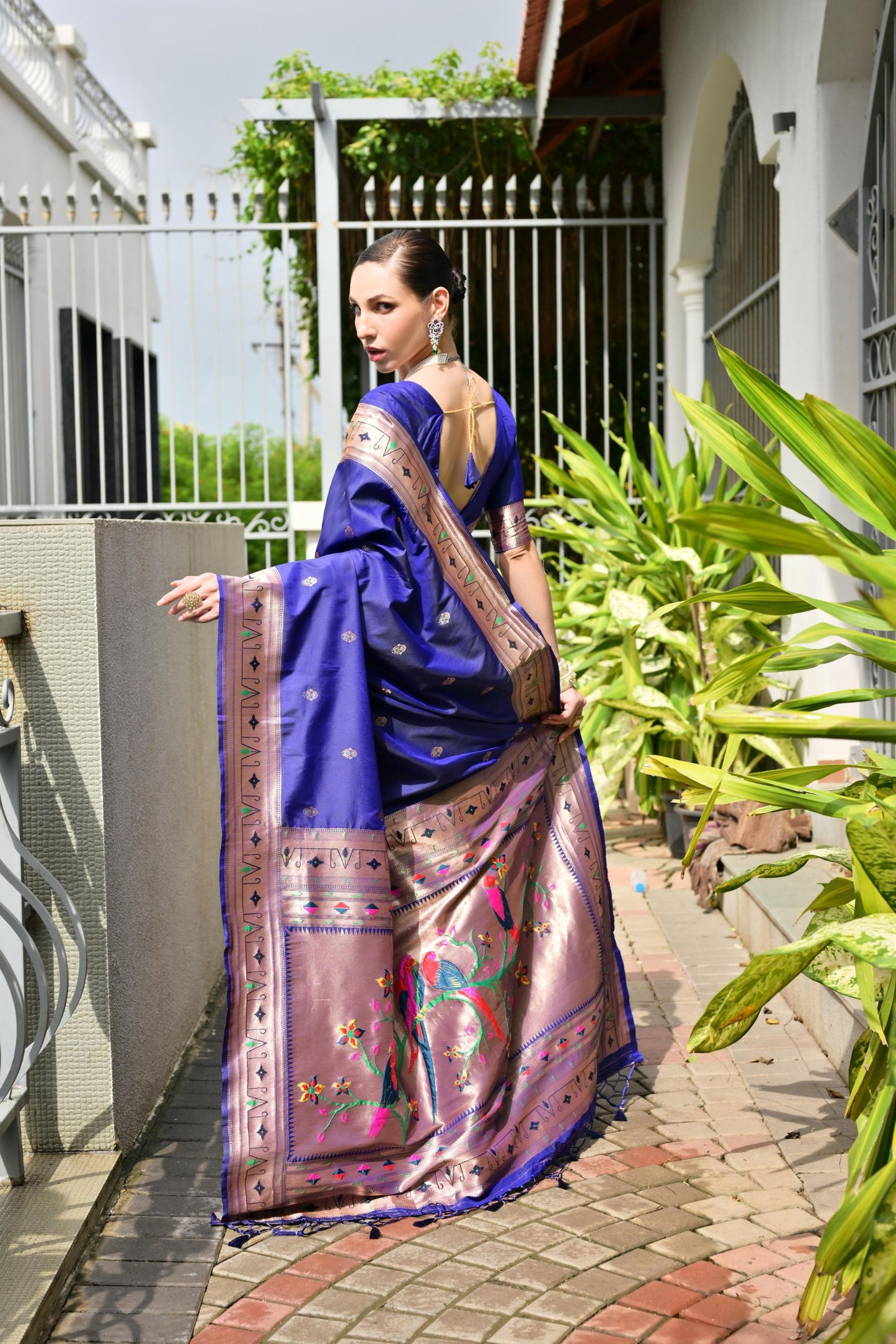 Royal Blue Silk Saree Woven Butta Contrast Pink Peacock Pallu Border