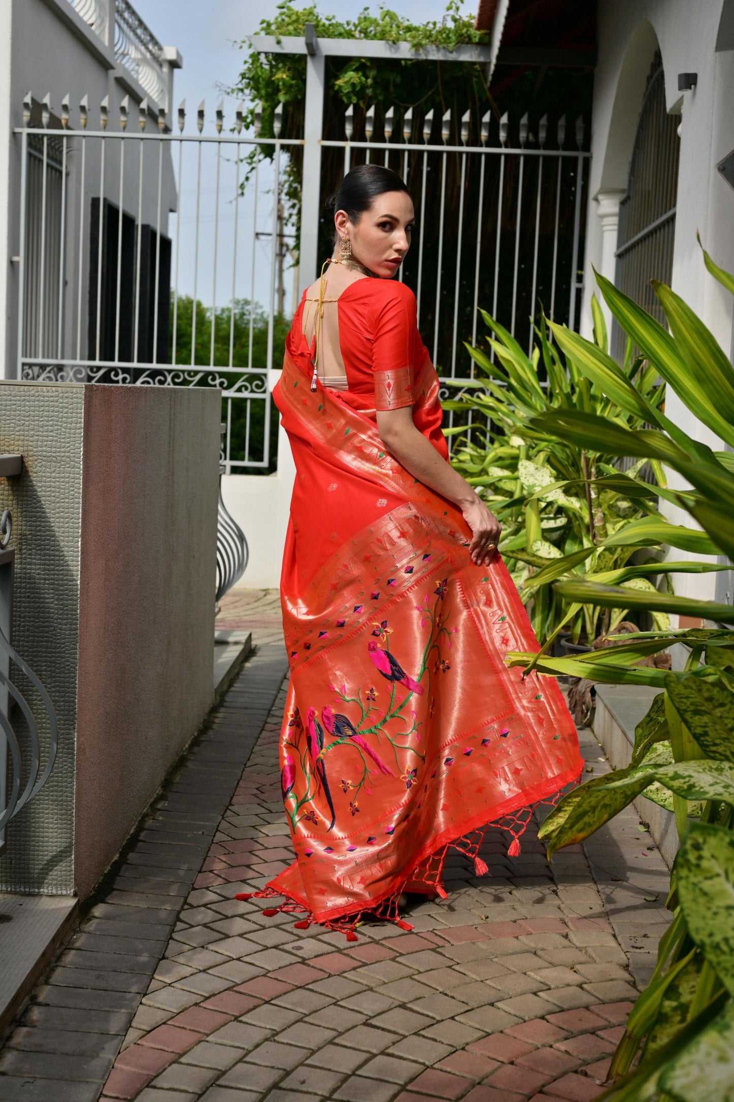 Red Silk Saree with Woven Butta Contrast Golden Peacock Pallu