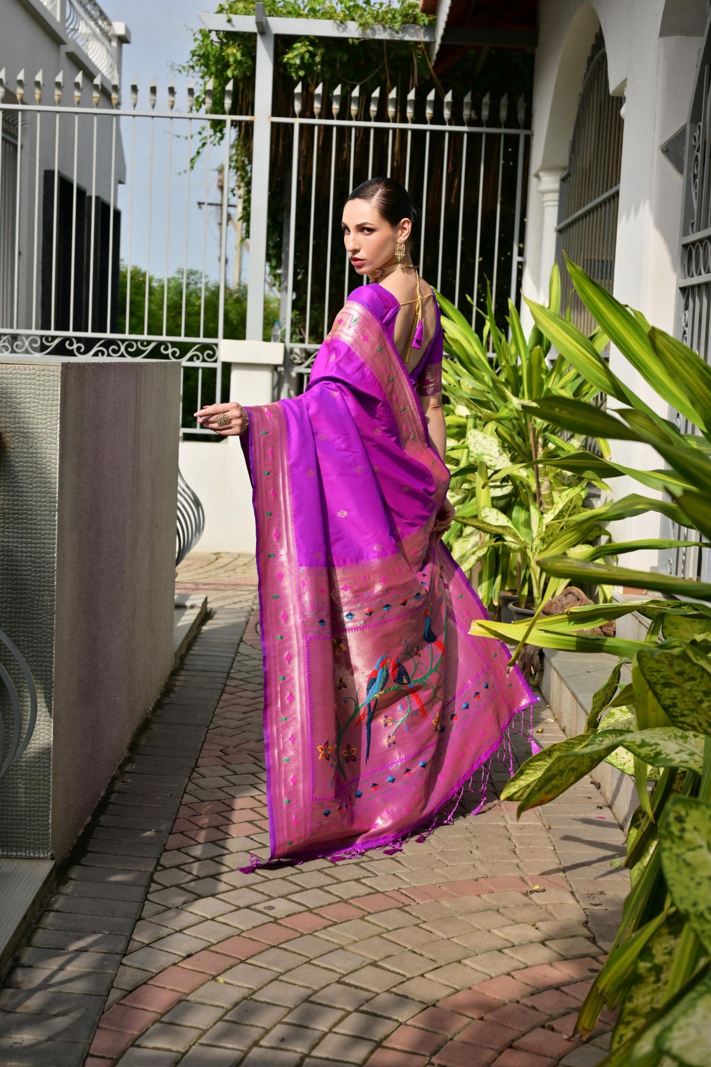 Royal Purple Silk Saree Peacock Floral Woven Pallu, Golden Zari Border
