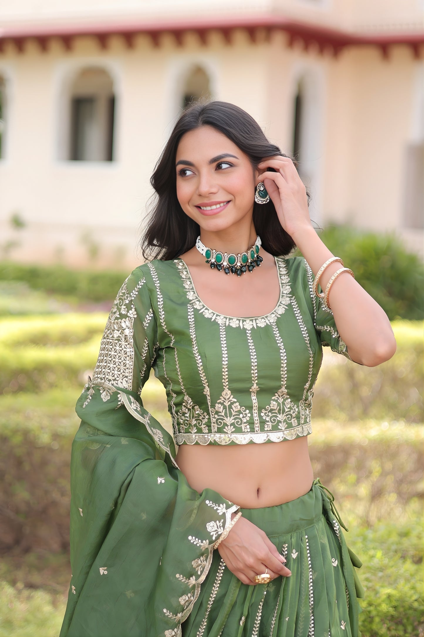 Wonderful Green Embroidered Gold Crush Lehenga Choli with Matching Dupatta for Wedding