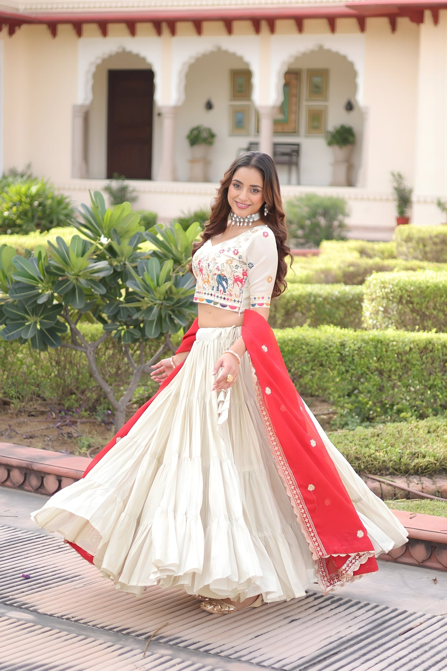 Graceful Off-White Embroidered Cosmos Silk Lehenga Choli with Red Dupatta for Wedding