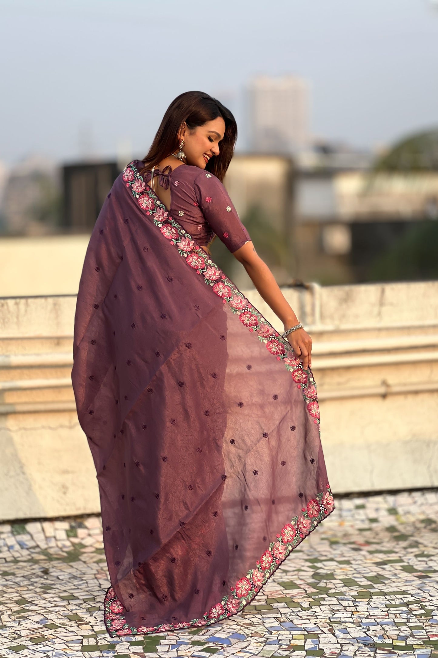 Wine Purple Embroidered Saree Floral Border with Matching Blouse