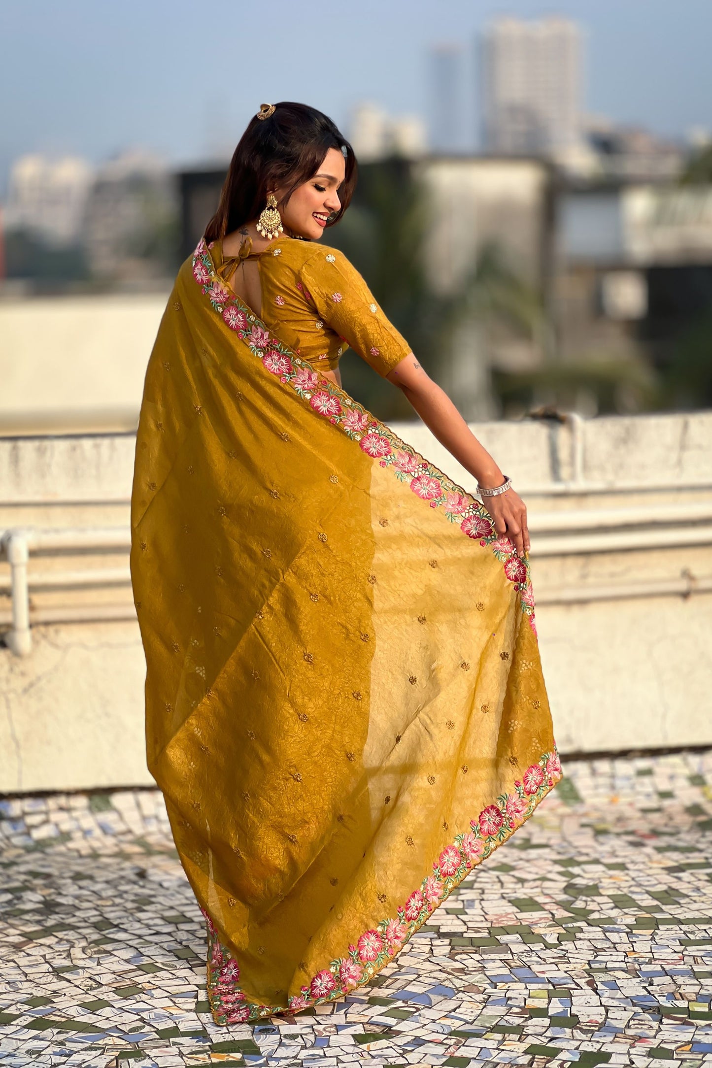 Mustard Yellow Embroidered Saree Floral Border with Matching Blouse