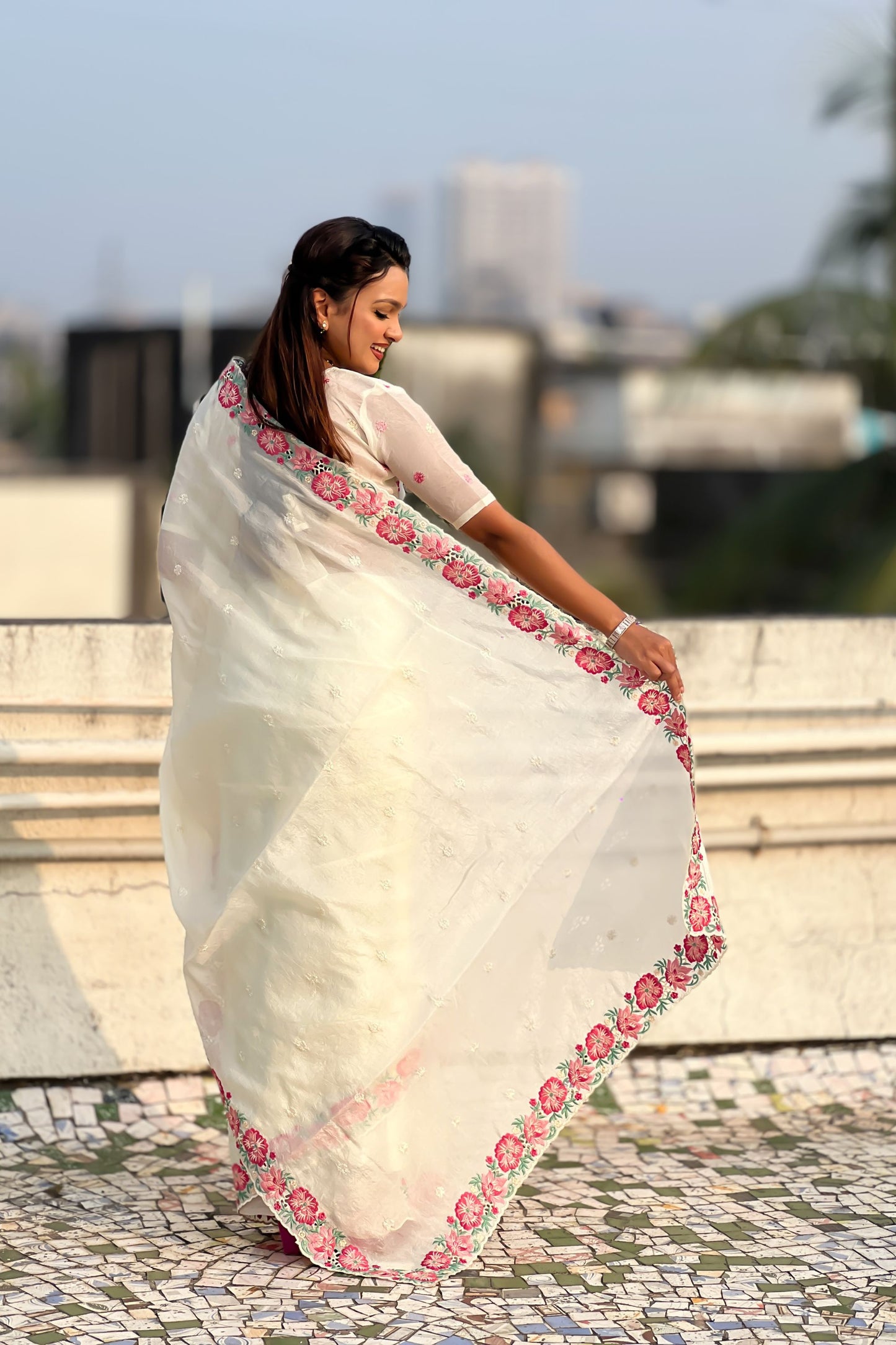 Off White Embroidered Saree Floral Border with Matching Blouse