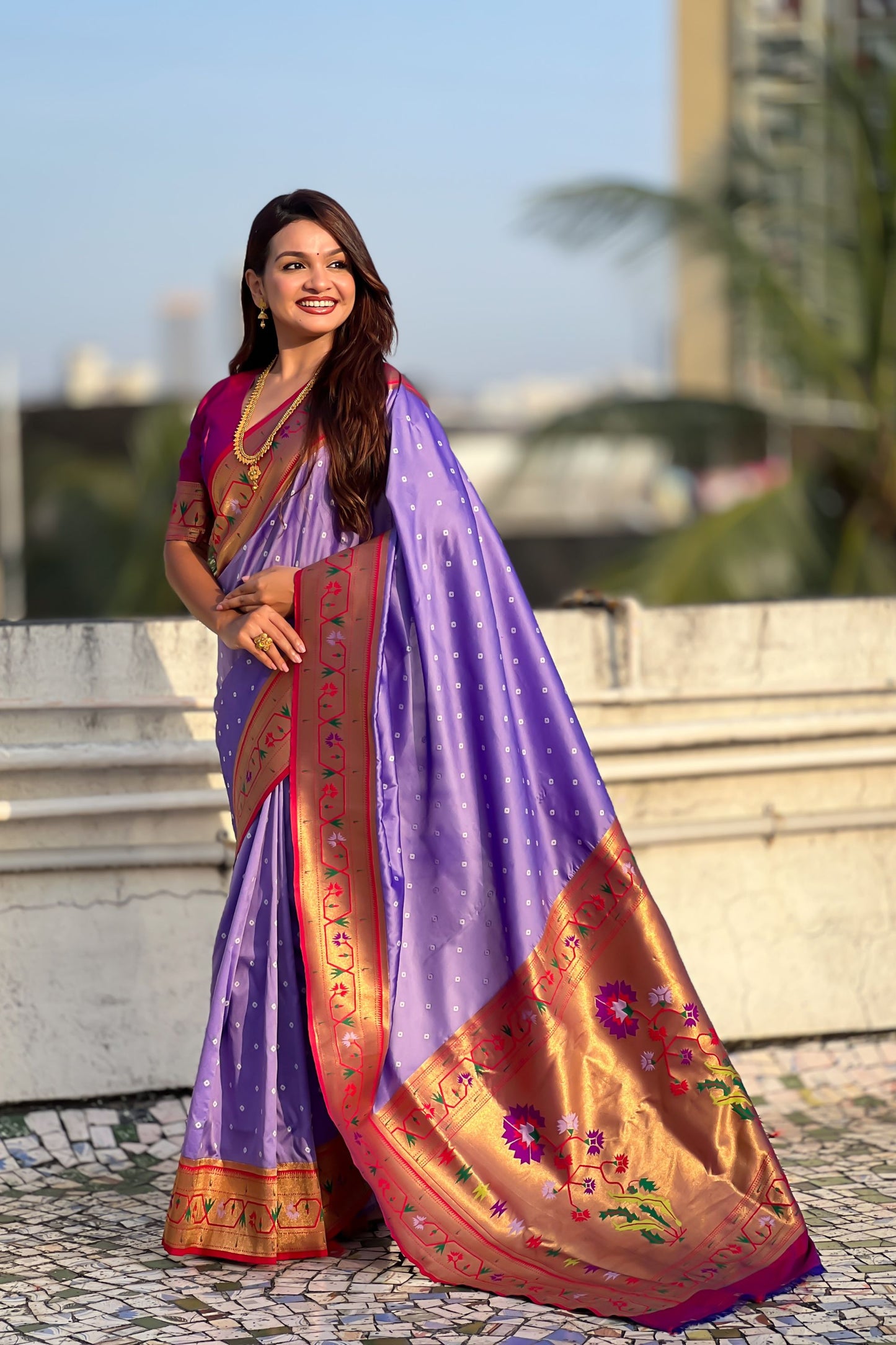 Purple Paithani Silk Saree Gold Zari Border Floral Motifs Traditional Wear
