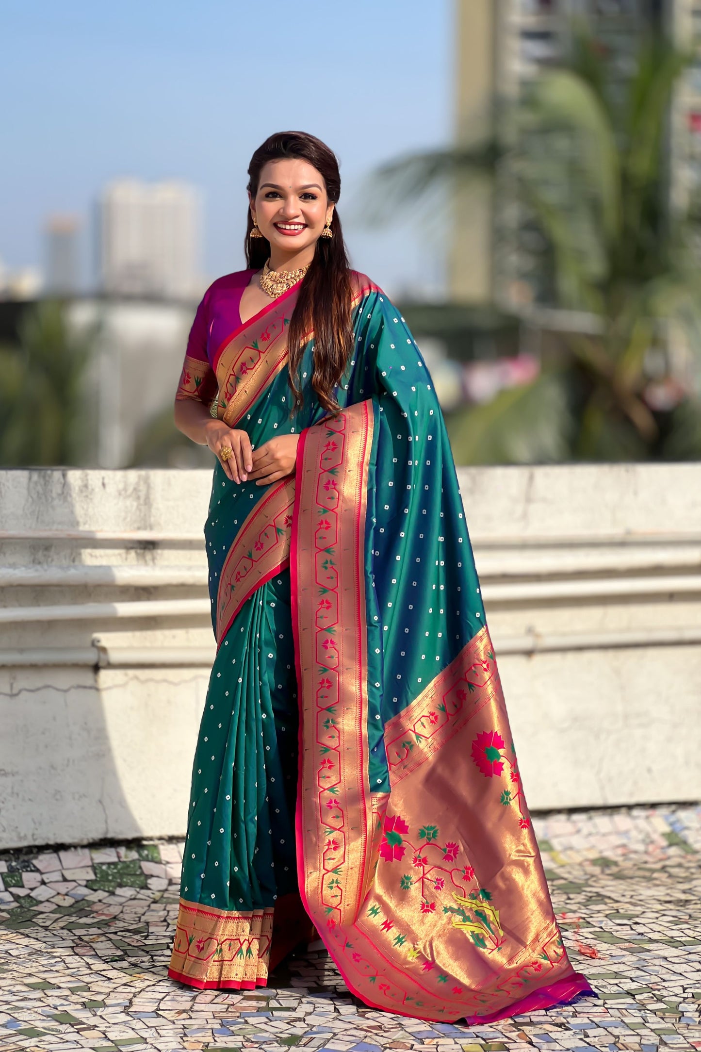 Teal Green Paithani Silk Saree Gold Zari Border Traditional Floral Pallu