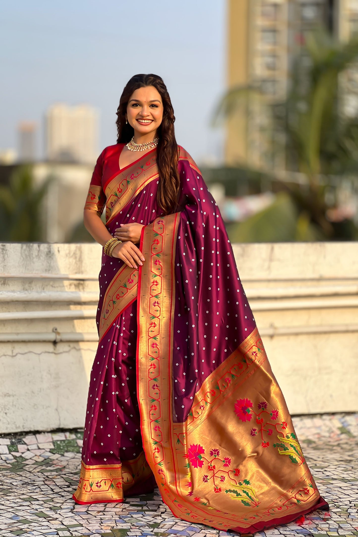 Wine Maroon Paithani Silk Saree Traditional Gold Zari Border Floral Pallu