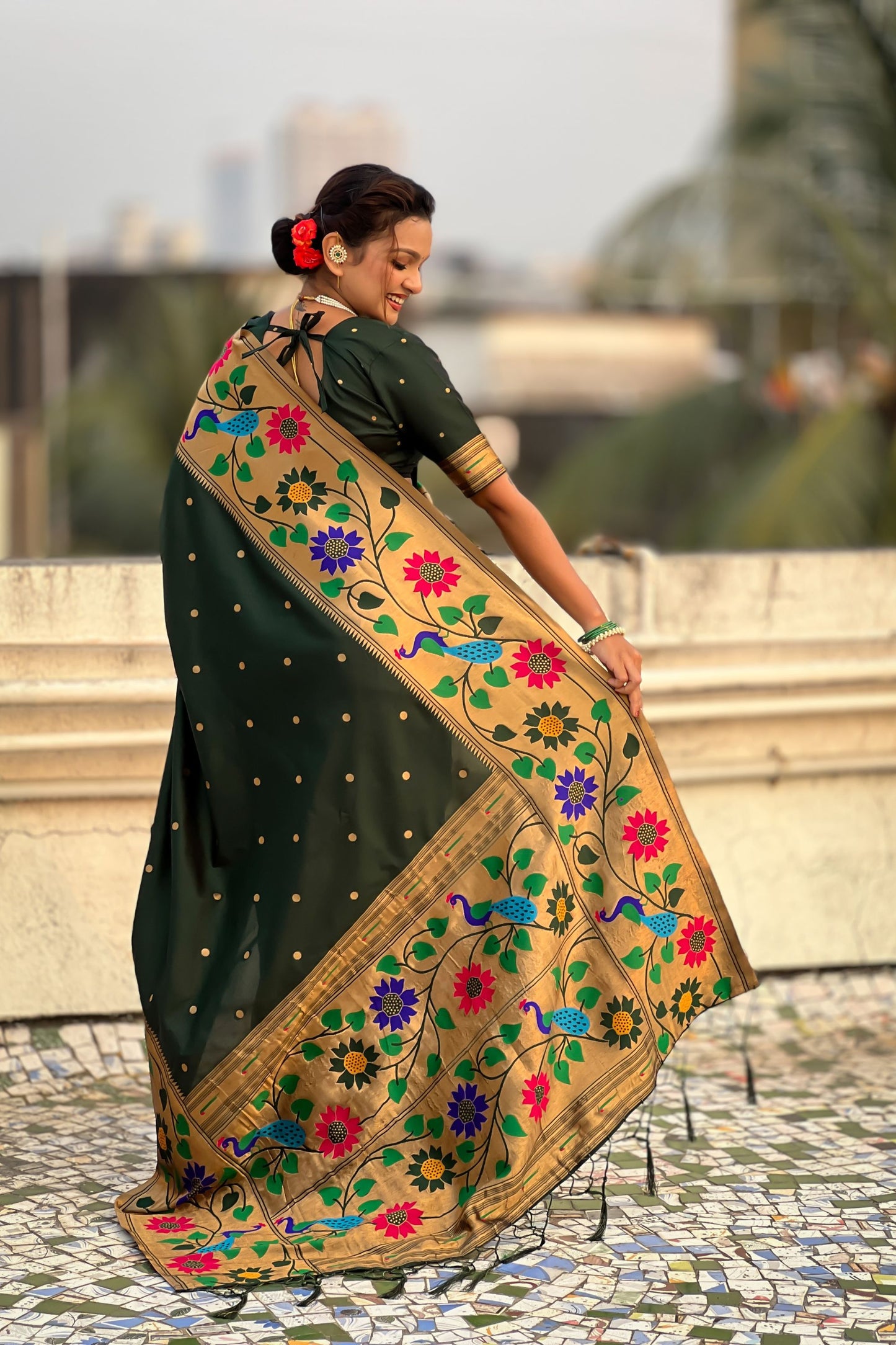 Dark Green Paithani Silk Saree Peacock Floral Motifs Golden Zari Border